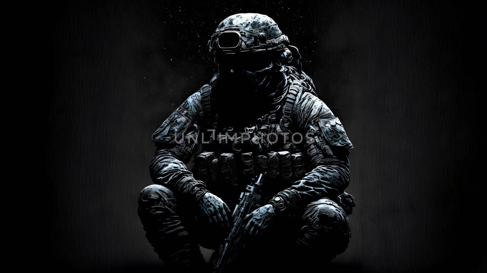 soldier in camouflaged uniform, helmet and gloves sitting on dark background with dramatic light, neural network generated art. Not based on any actual person, scene or pattern.