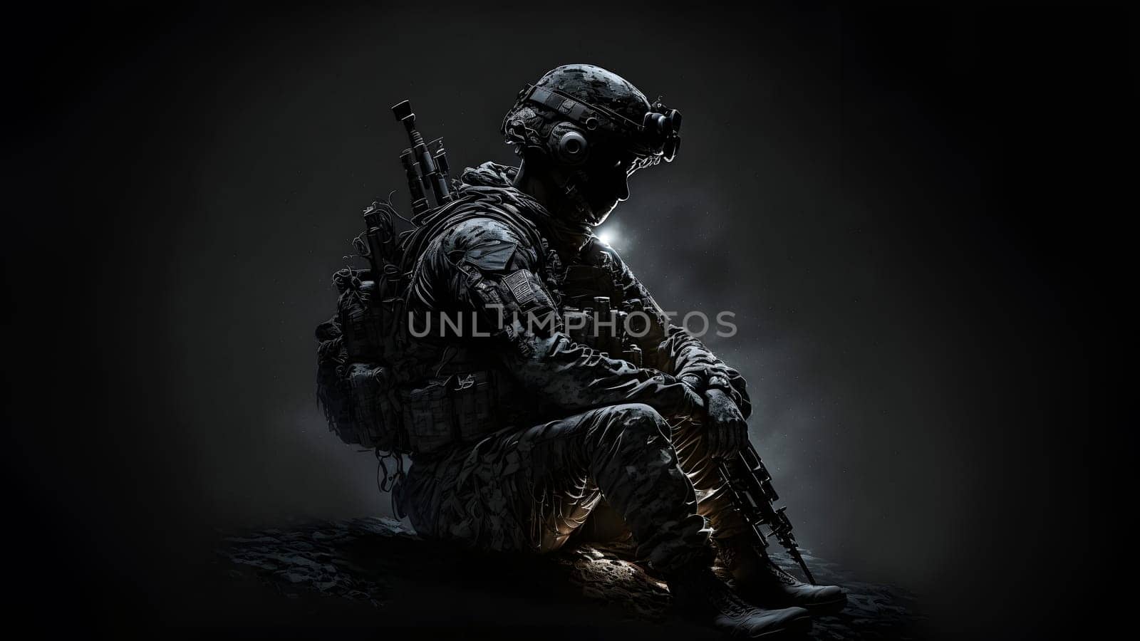 soldier in camouflaged uniform, helmet and gloves sitting on dark background with dramatic light, neural network generated art. Not based on any actual person, scene or pattern.