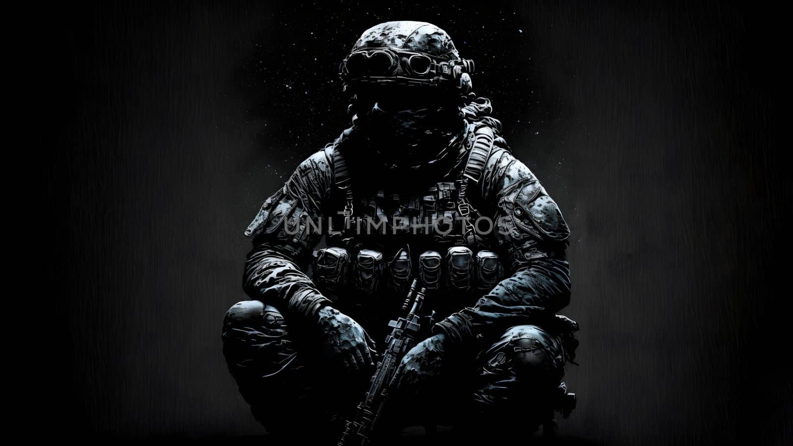 soldier in camouflaged uniform, helmet and gloves sitting on dark background with dramatic light, neural network generated art. Not based on any actual person, scene or pattern.