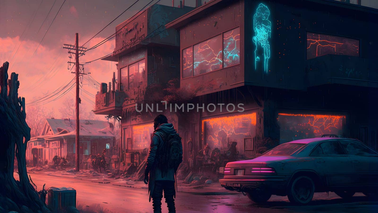 futuristic cyberpunk poor american suburbs at evening, neural network generated art. Digitally generated image. Not based on any actual person, scene or pattern.