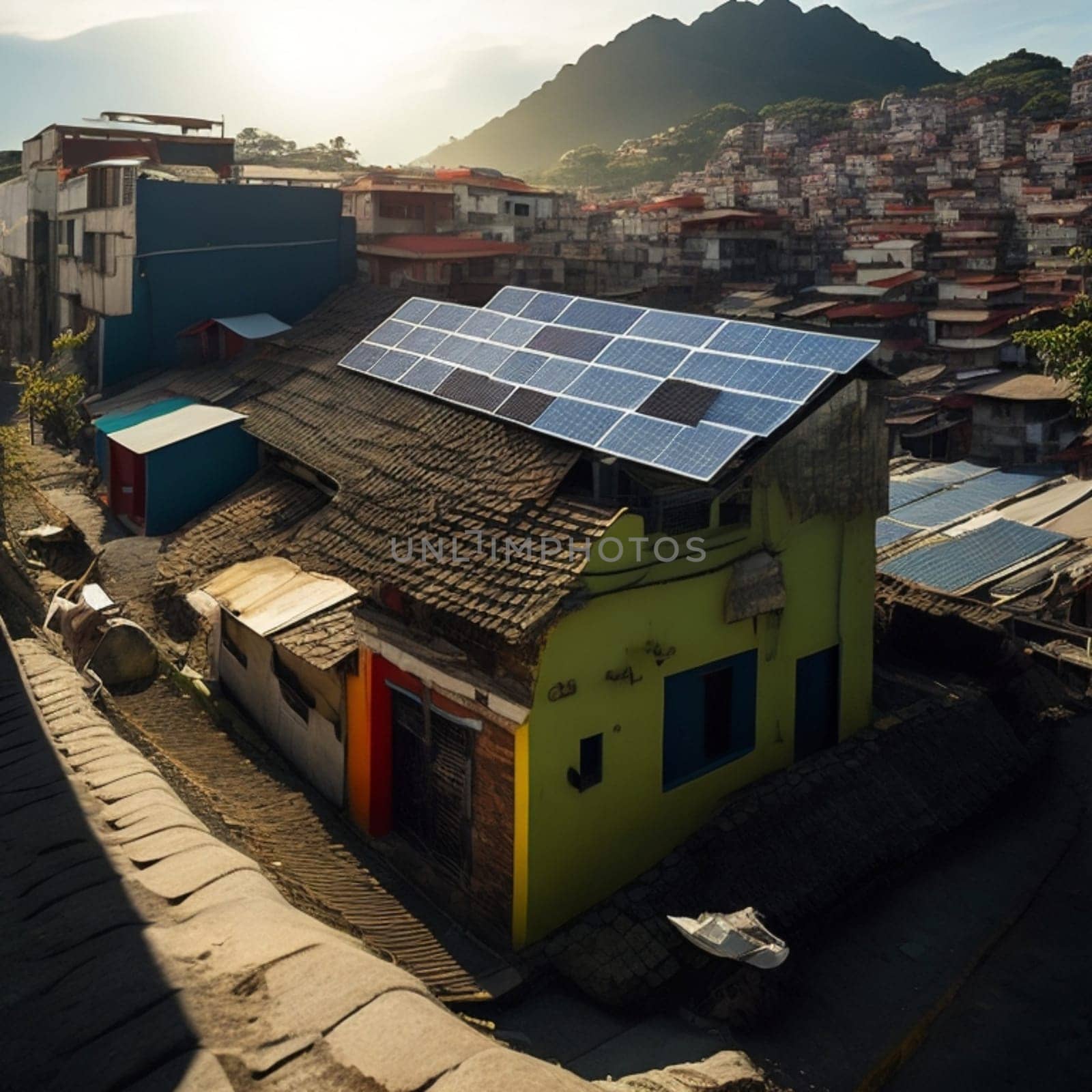 photovoltaic solar panels on slum hood for clean and cheap energy illustration generative ai