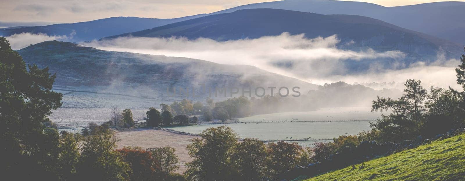 Panorama Of A Foggy Morning In The Scottish Borders
