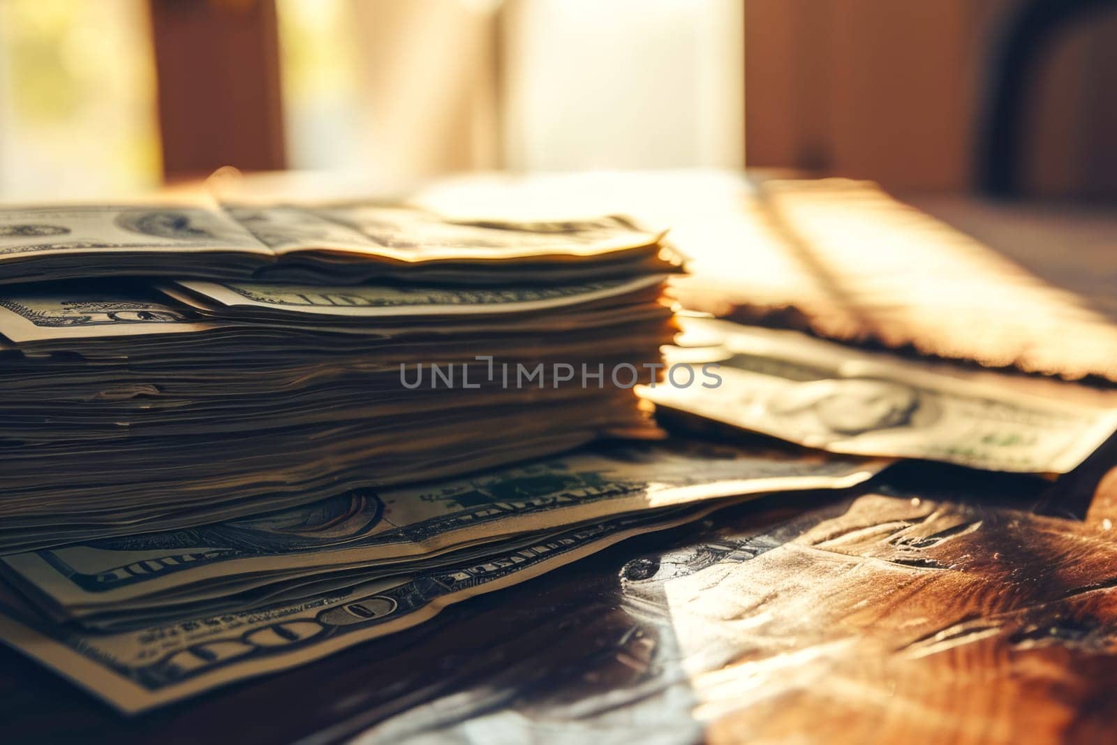 A stack of money is placed neatly on top of a wooden table, showcasing wealth and financial success.