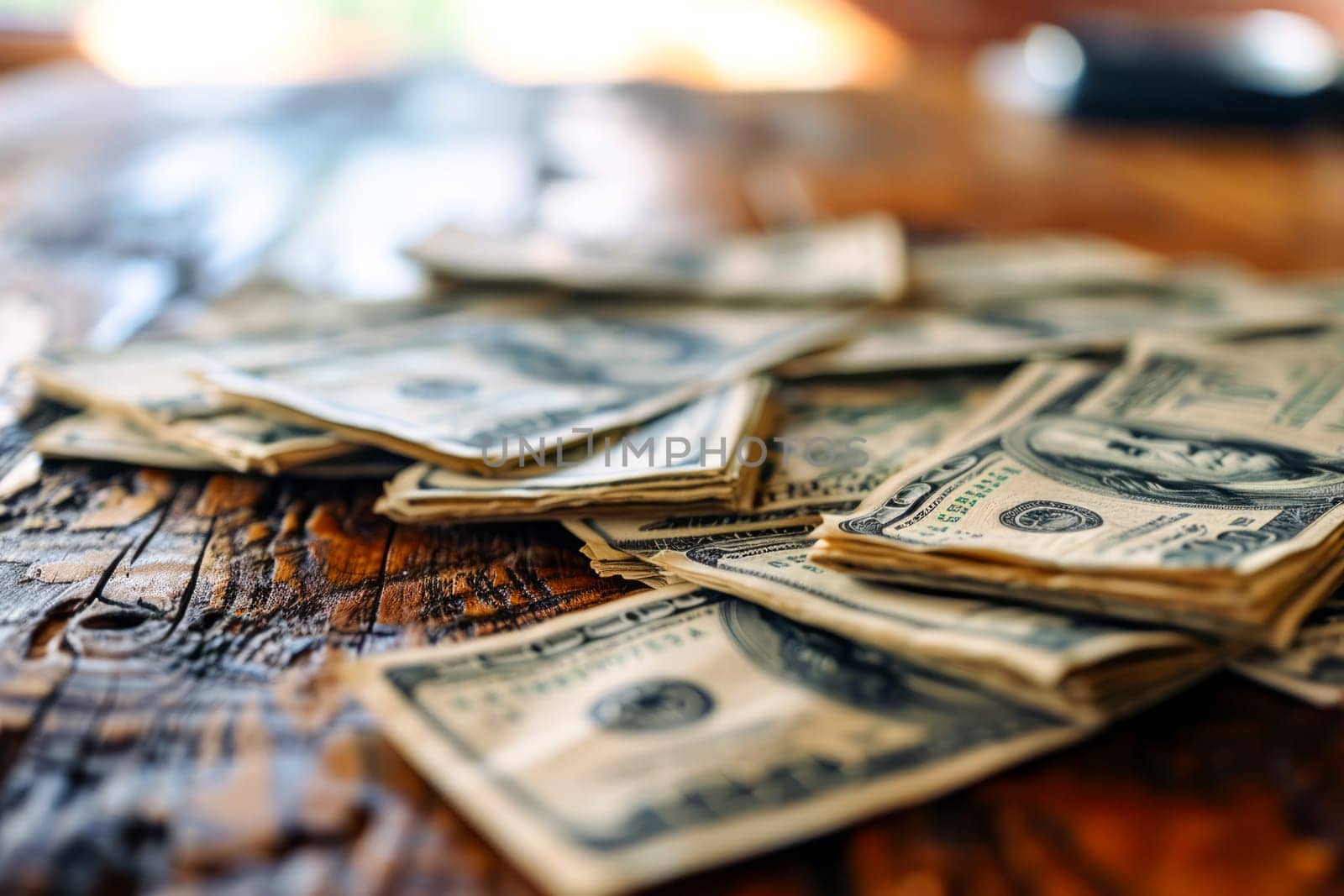 A collection of currency, stacked in a pile, sitting atop a sturdy wooden table.