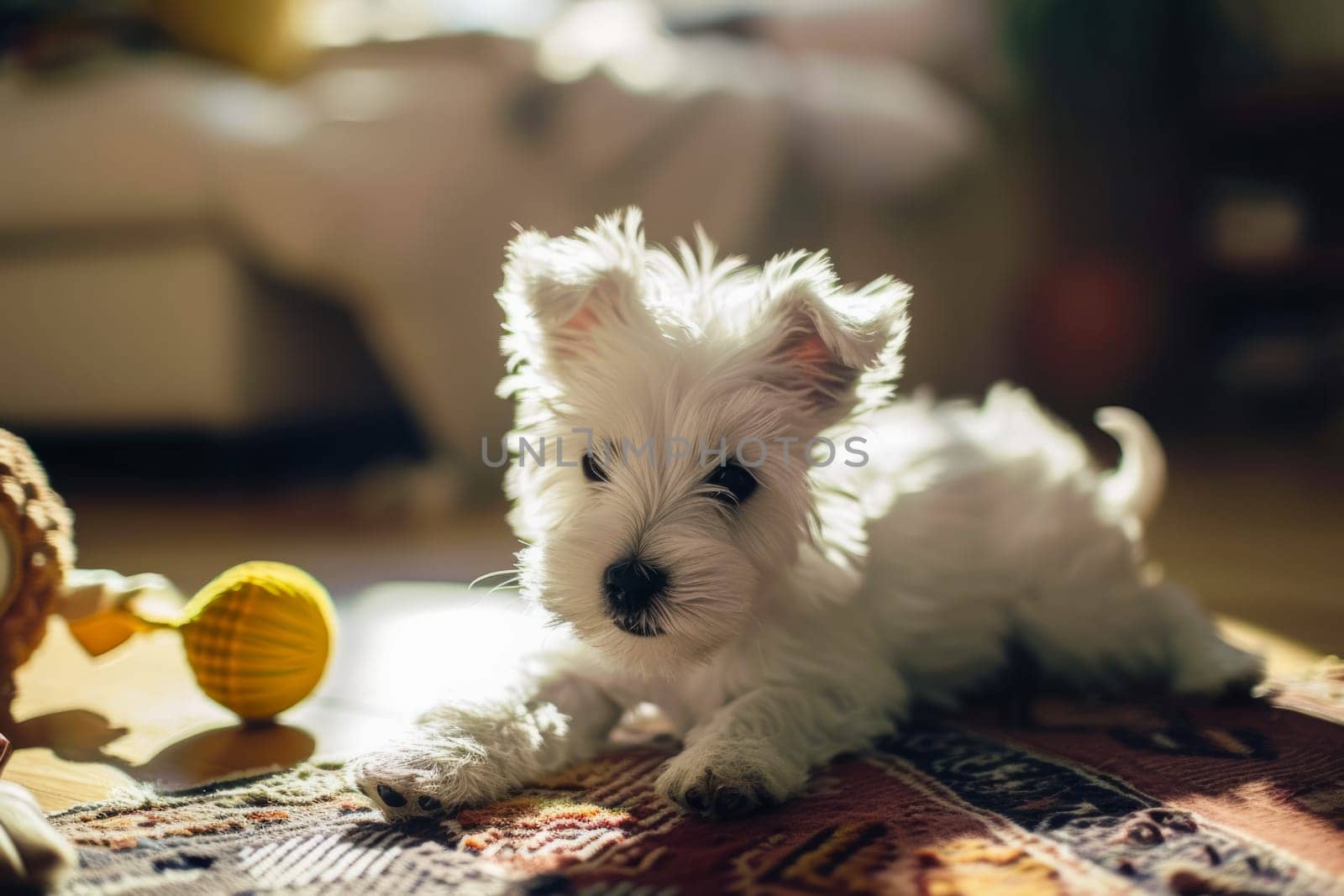 A small white dog relaxing on a cozy rug.