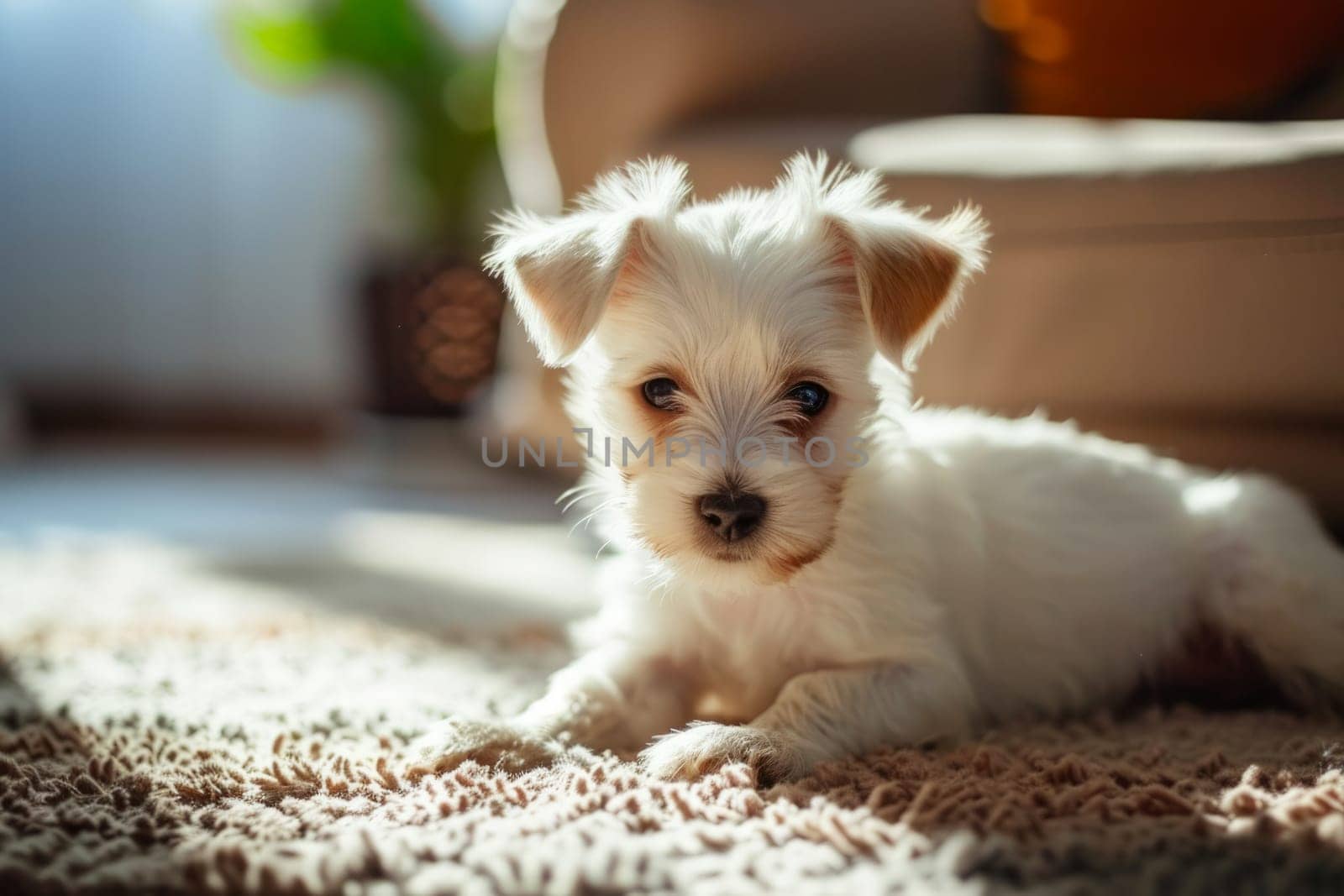 A small white dog relaxing on a cozy rug.