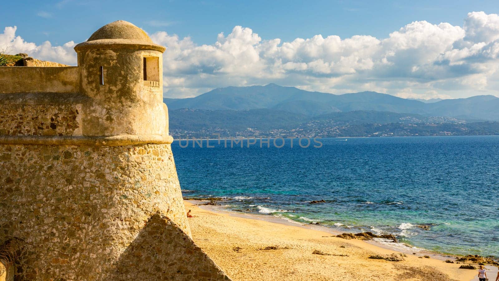 La Citadelle in Ajaccio, Old stone fortress and sandy beach in Corsica, France