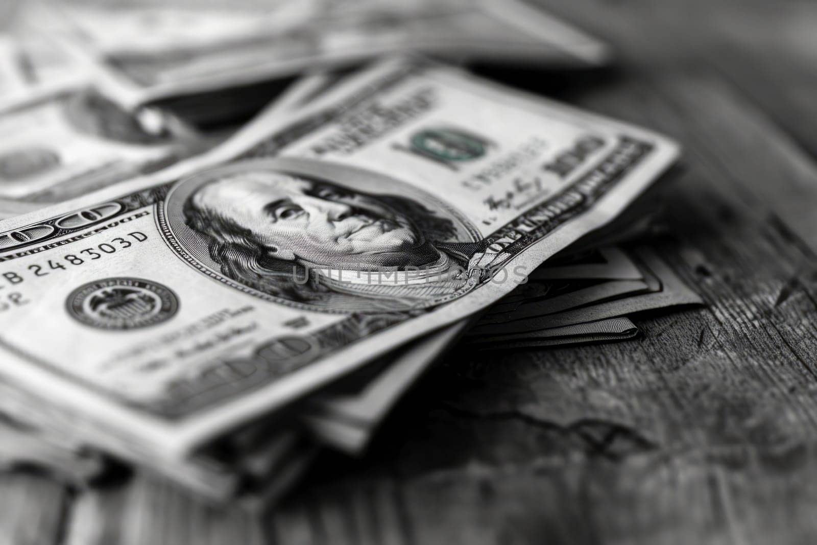 A large stack of money arranged neatly on top of a sturdy wooden table.