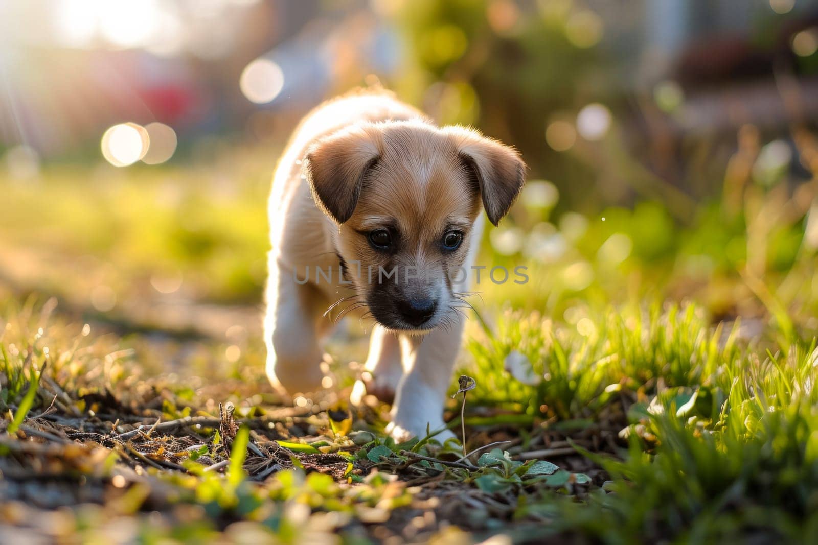 A young puppy with a small breed is seen confidently strolling through a lush green grassy field.