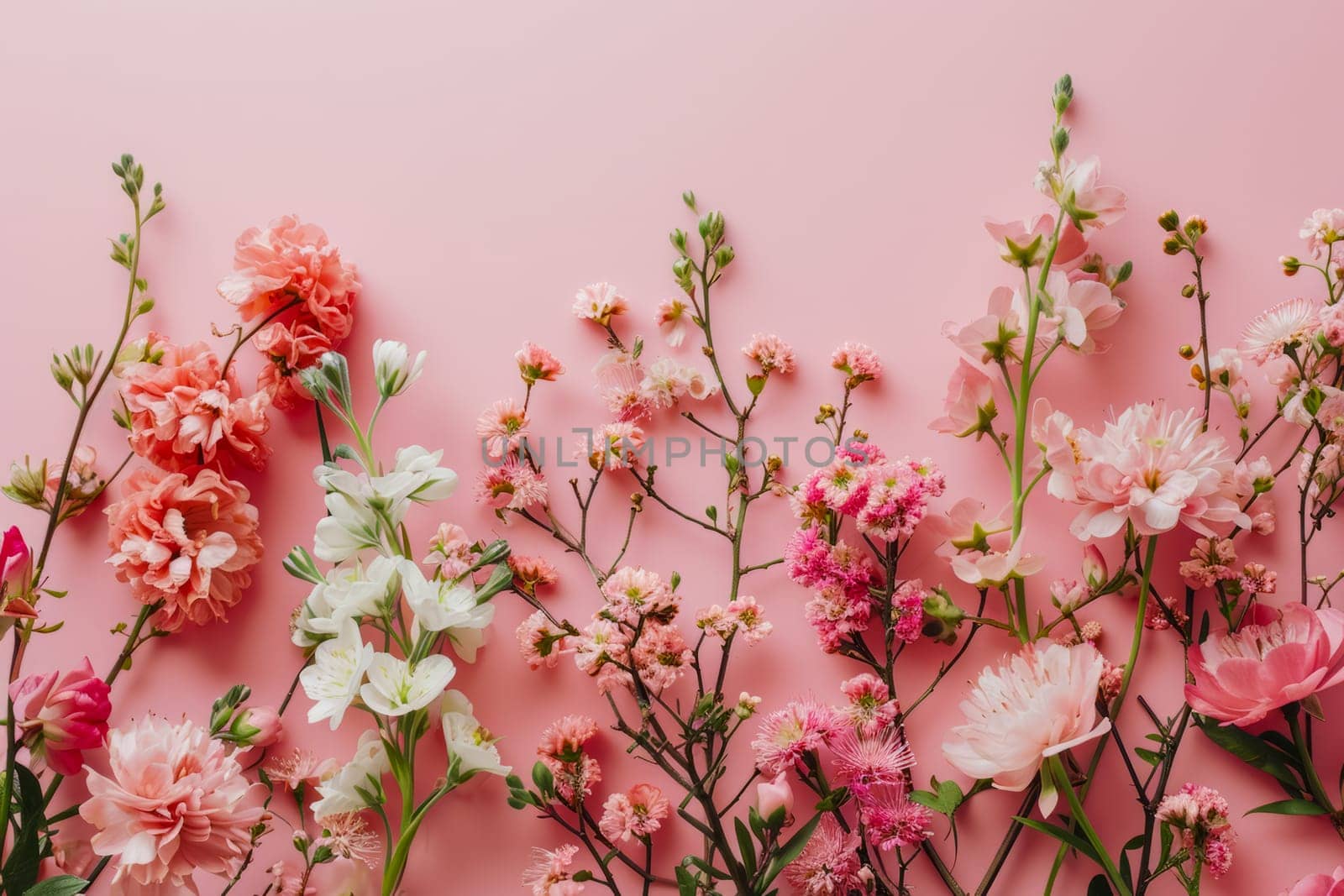 A vibrant assortment of flowers displayed on a pink background, showcasing the beauty of natures colors.