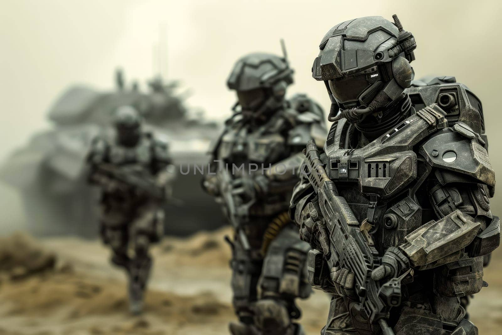 A group of soldiers in uniform walking purposefully across a green field.