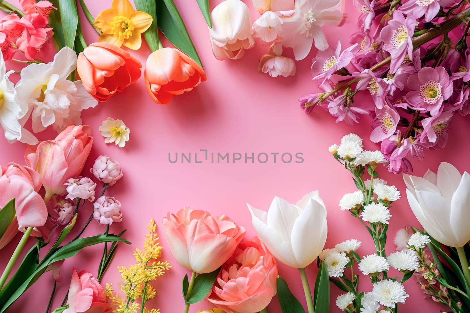 A variety of vibrant flowers arranged neatly on a pink background, creating a visually appealing display.