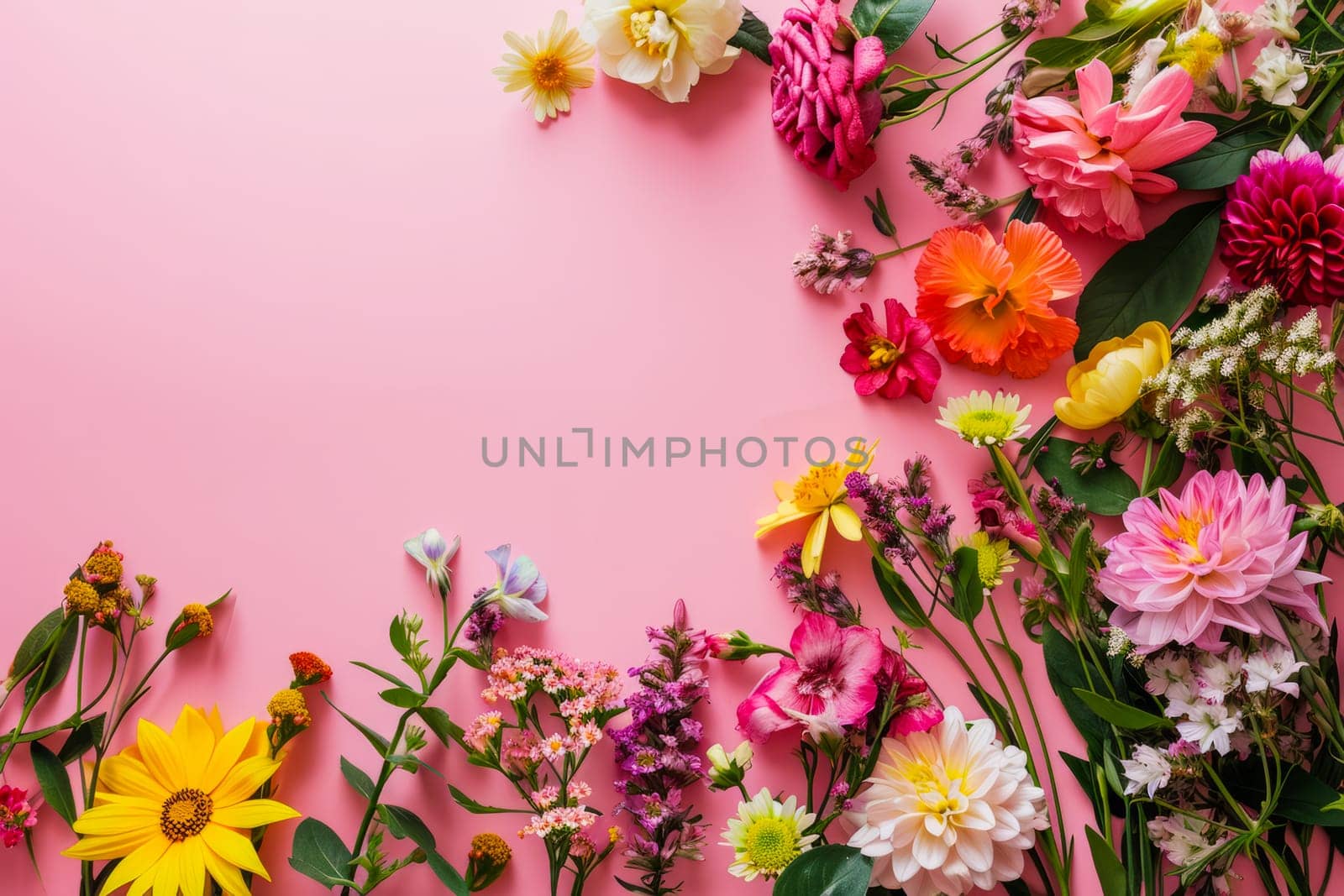 A vibrant bunch of flowers consisting of various types and colors is artfully arranged on a soft pink background.