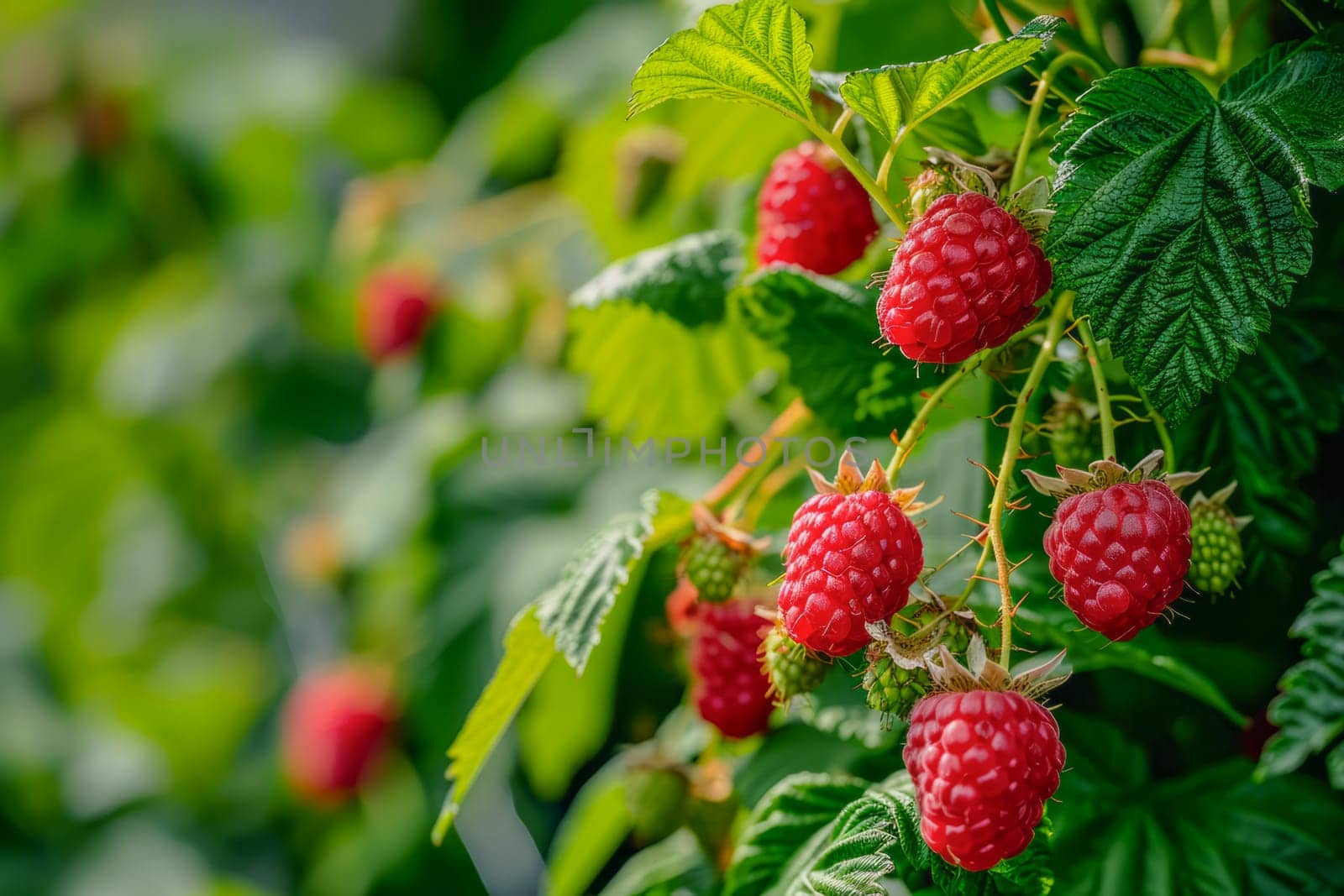 A close-up photo showcasing a bush filled with ripe raspberries growing amongst vibrant green leaves.