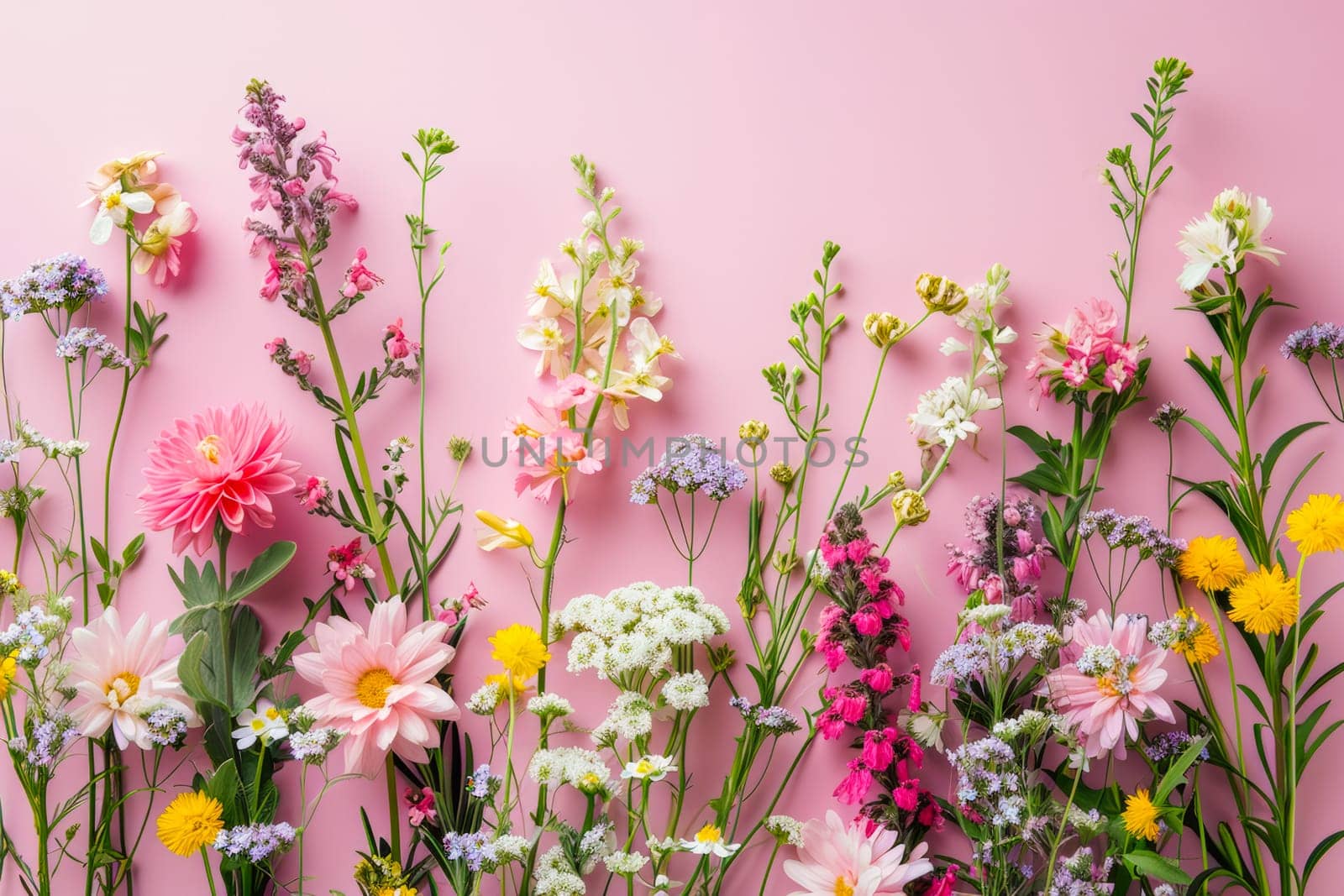 A vibrant bunch of flowers beautifully arranged on a pink wall creates a striking visual contrast.