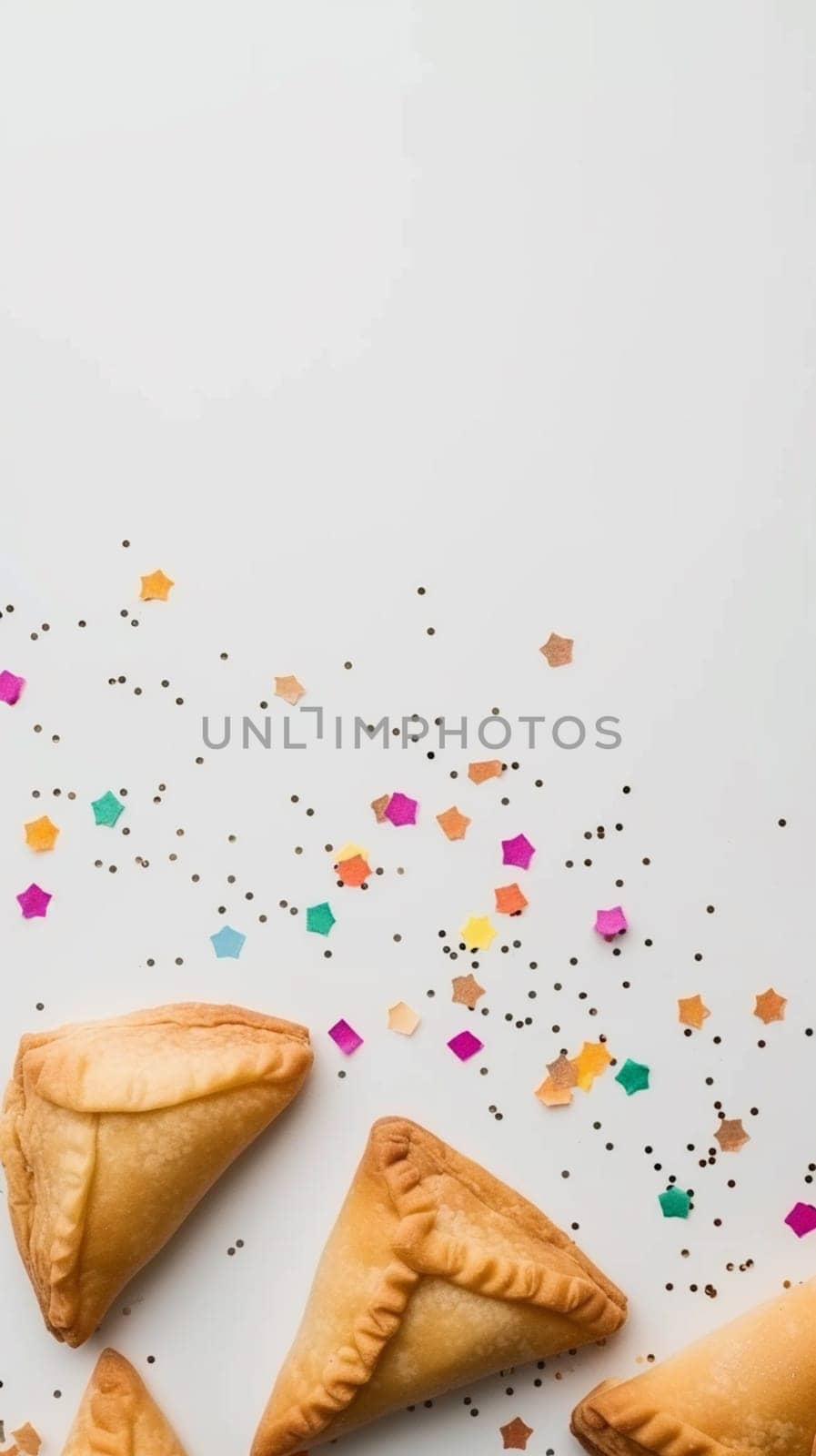 Purim Triangular cookies with ( hamantasch or aman ears ), colored candy for jewish holiday of purim celebration on blue paper background with space for text. Top view. Ai generated by lucia_fox