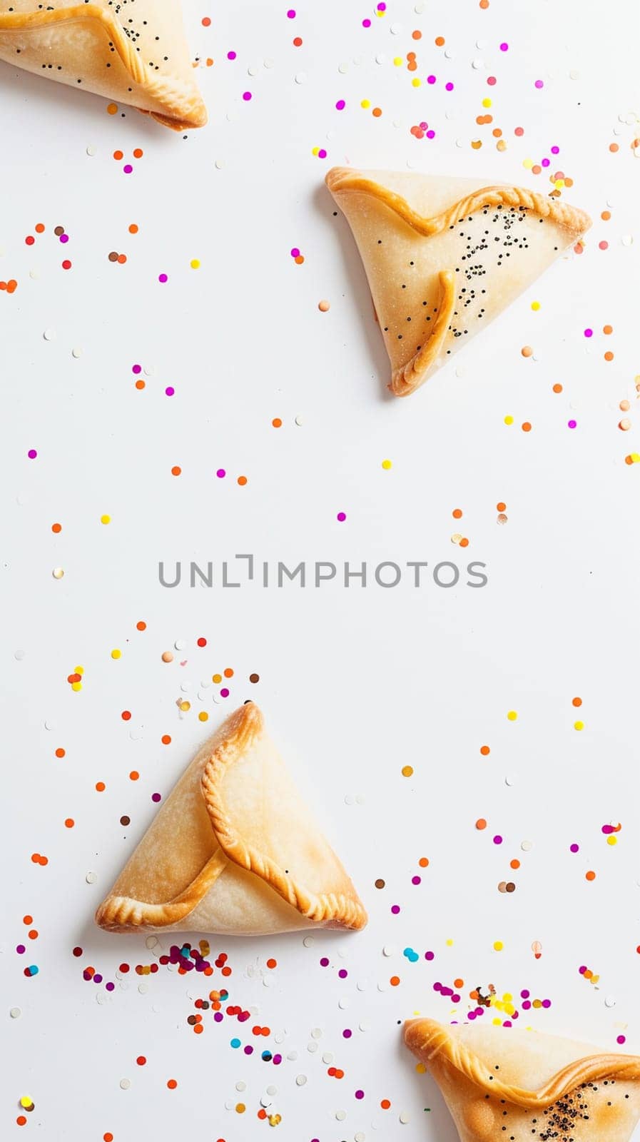 Purim Triangular cookies ( hamantasch or aman ears ), colored candy for jewish holiday of purim celebration on paper background with space for text. Top view. Ai generated.