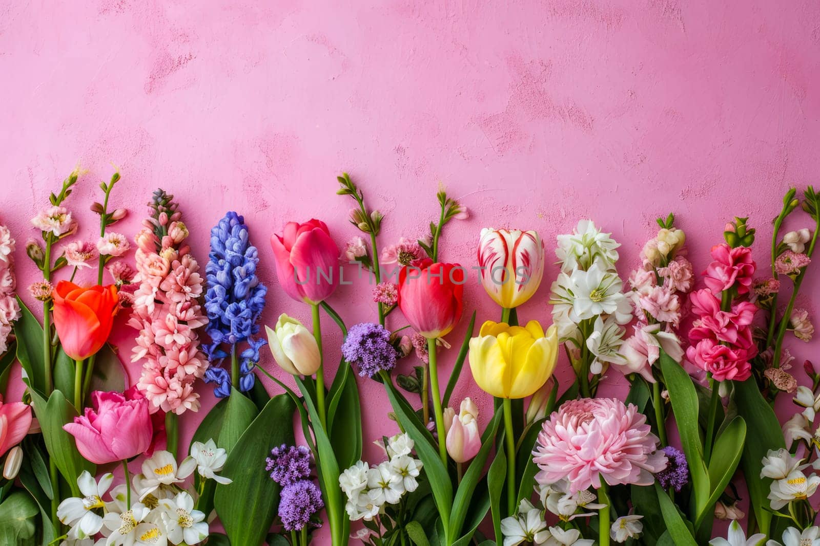 A vivid row of various colorful flowers arranged neatly against a vibrant pink wall.