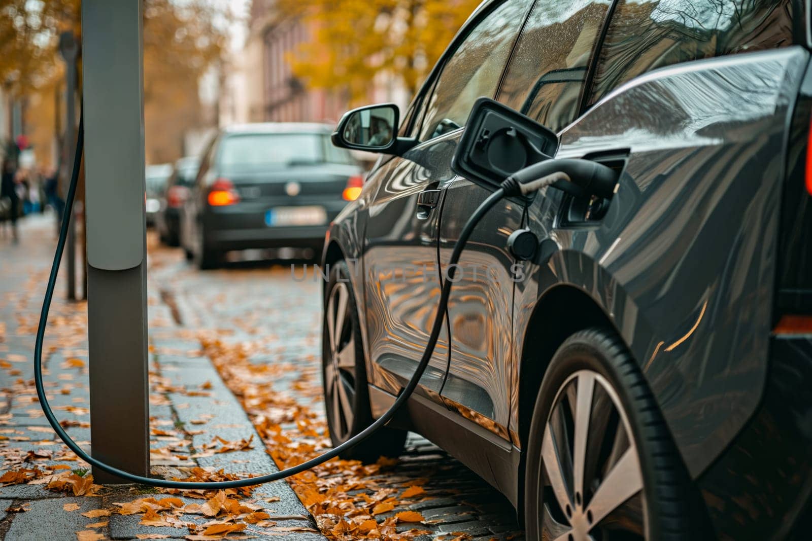 An electric car is connected to a charging station, recharging its batteries.