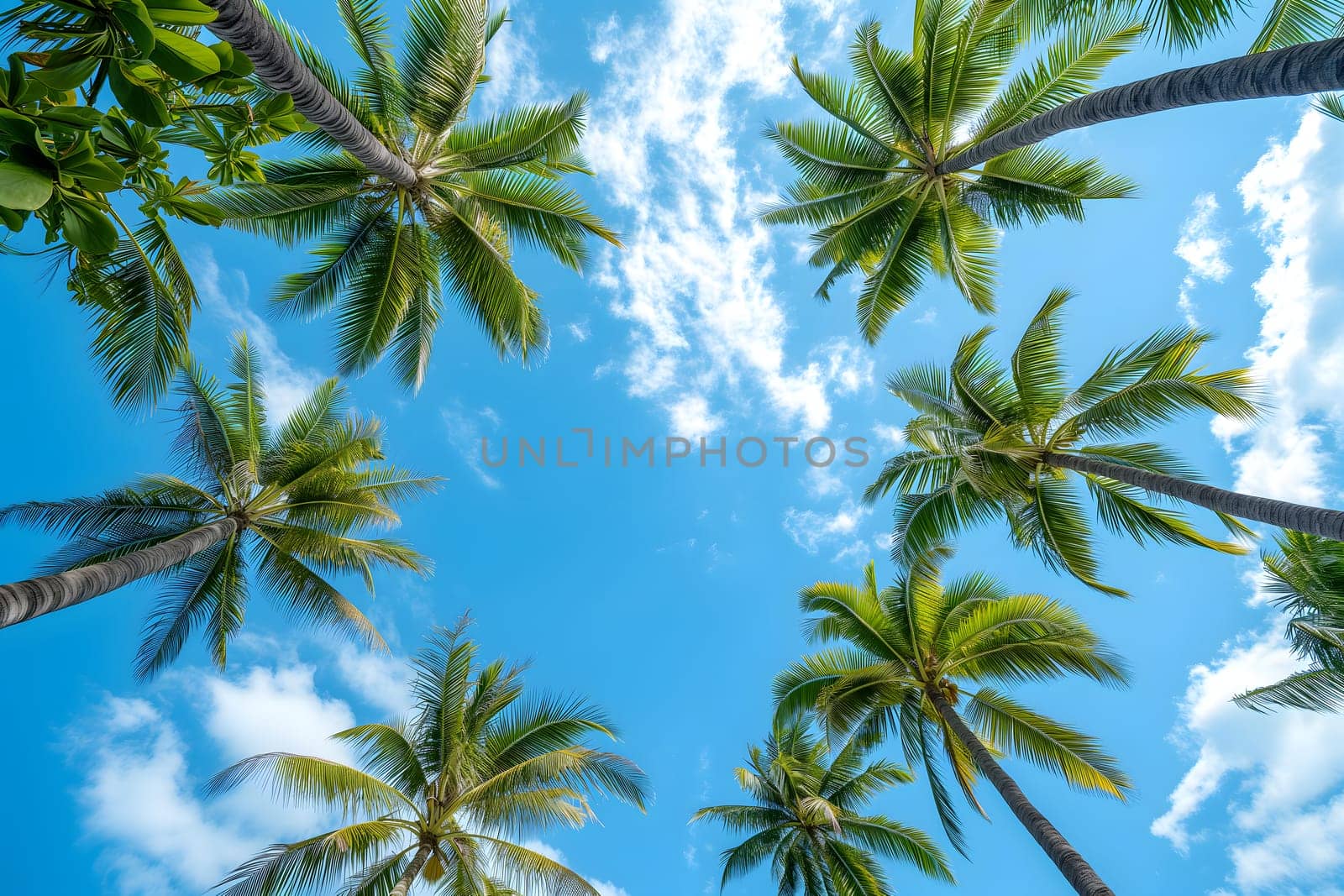 Blue sky and palm trees from below. Neural network generated image. Not based on any actual scene or pattern.