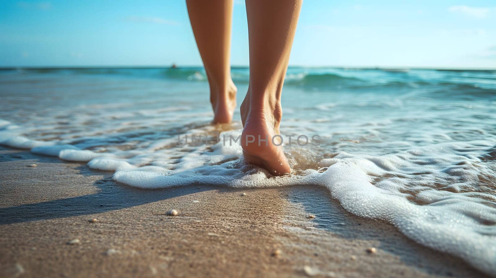 Closeup of woman feet walking on the beach with surf waves at sunny day, rear view. Neural network generated image. Not based on any actual scene or pattern.