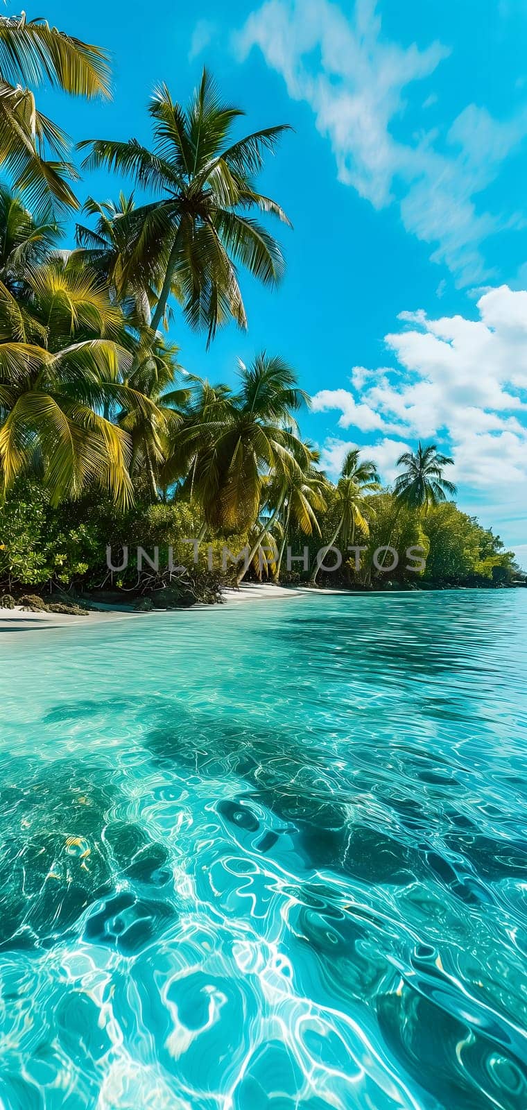 tropical beach view at sunny day with white sand, turquoise water and palm tree, neural network generated image by z1b
