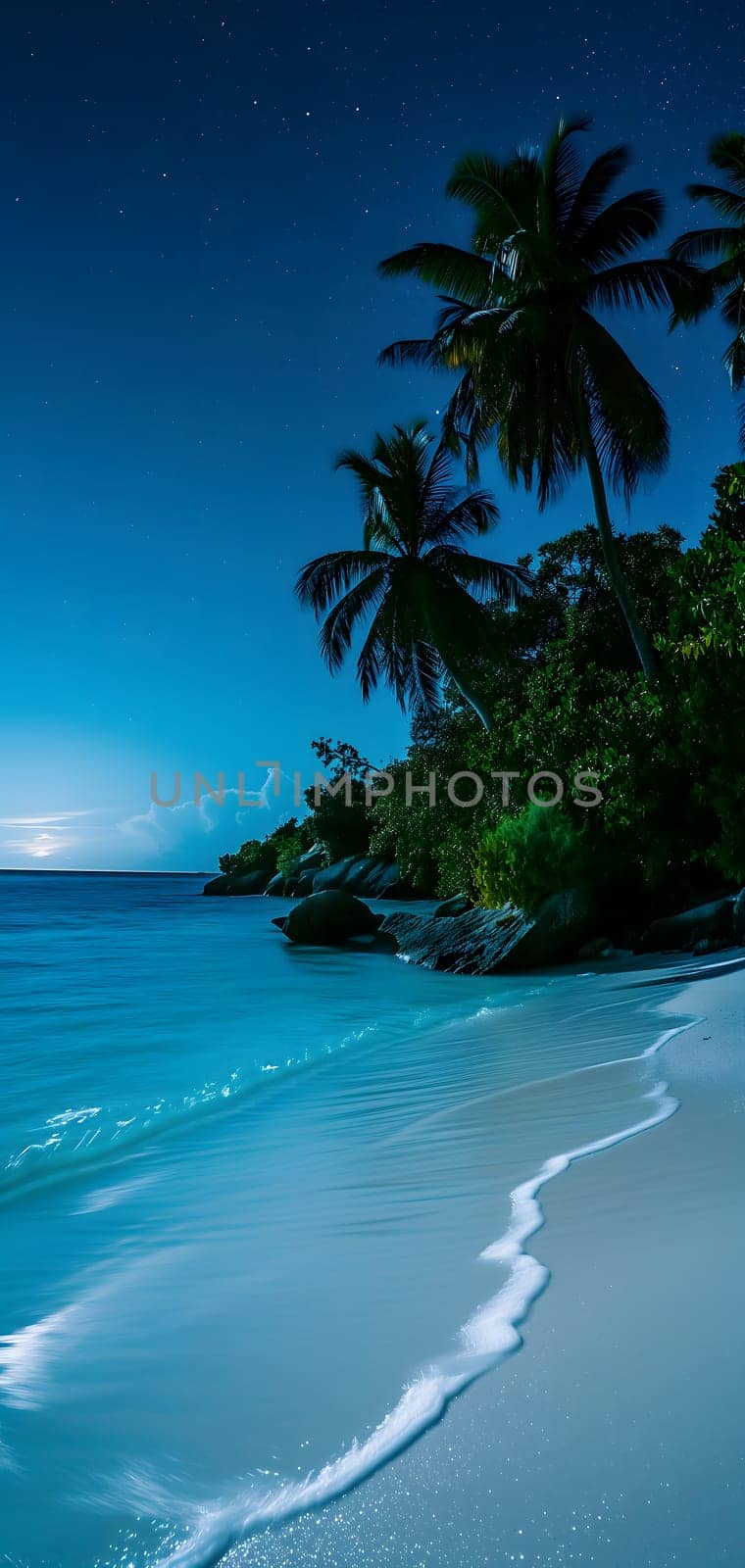 tropical beach view at starry night with white sand, turquoise water and palm tree, neural network generated image by z1b