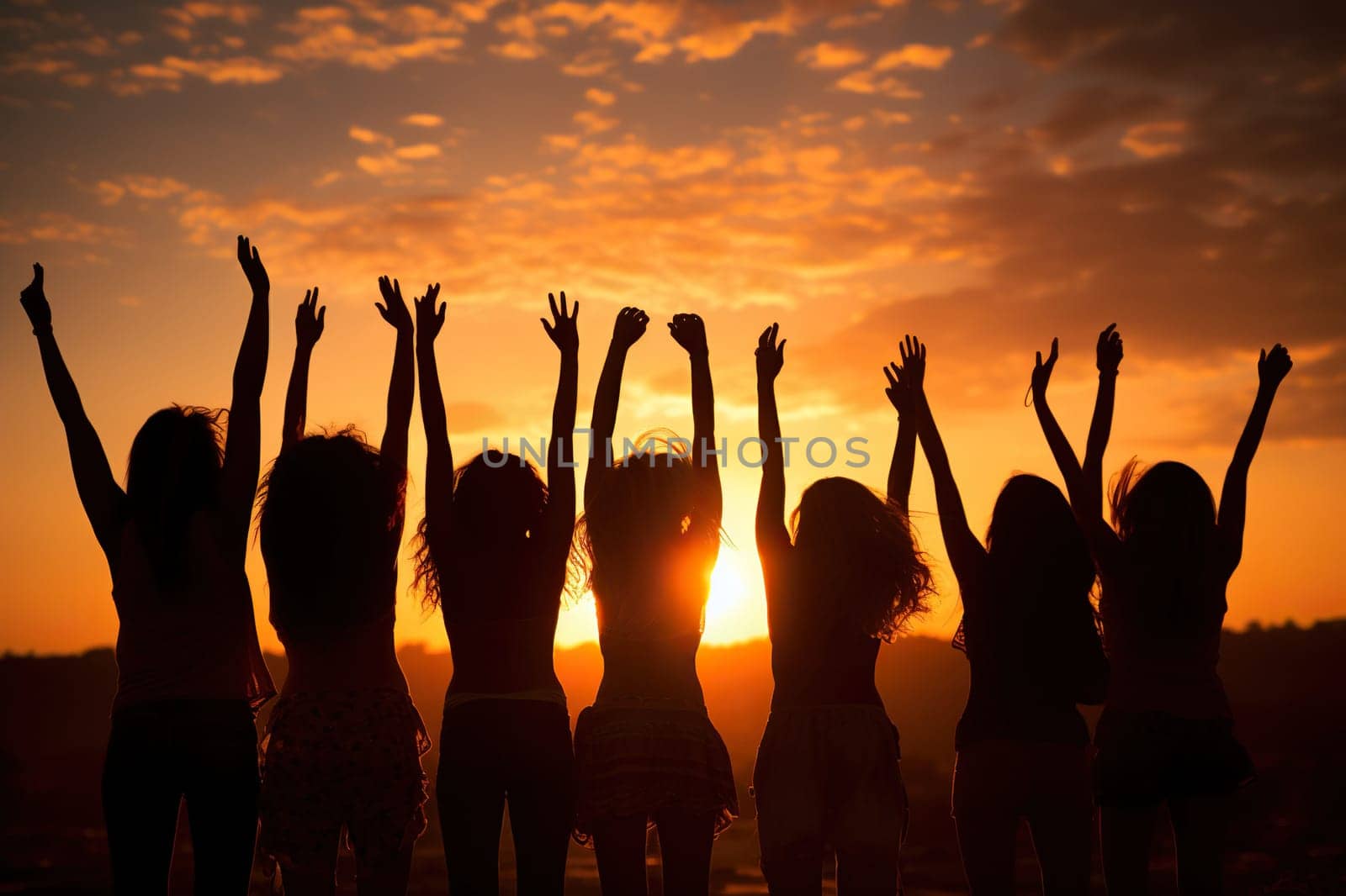 Silhouettes of many women with their hands raised up at sunset. Women's unity concept.