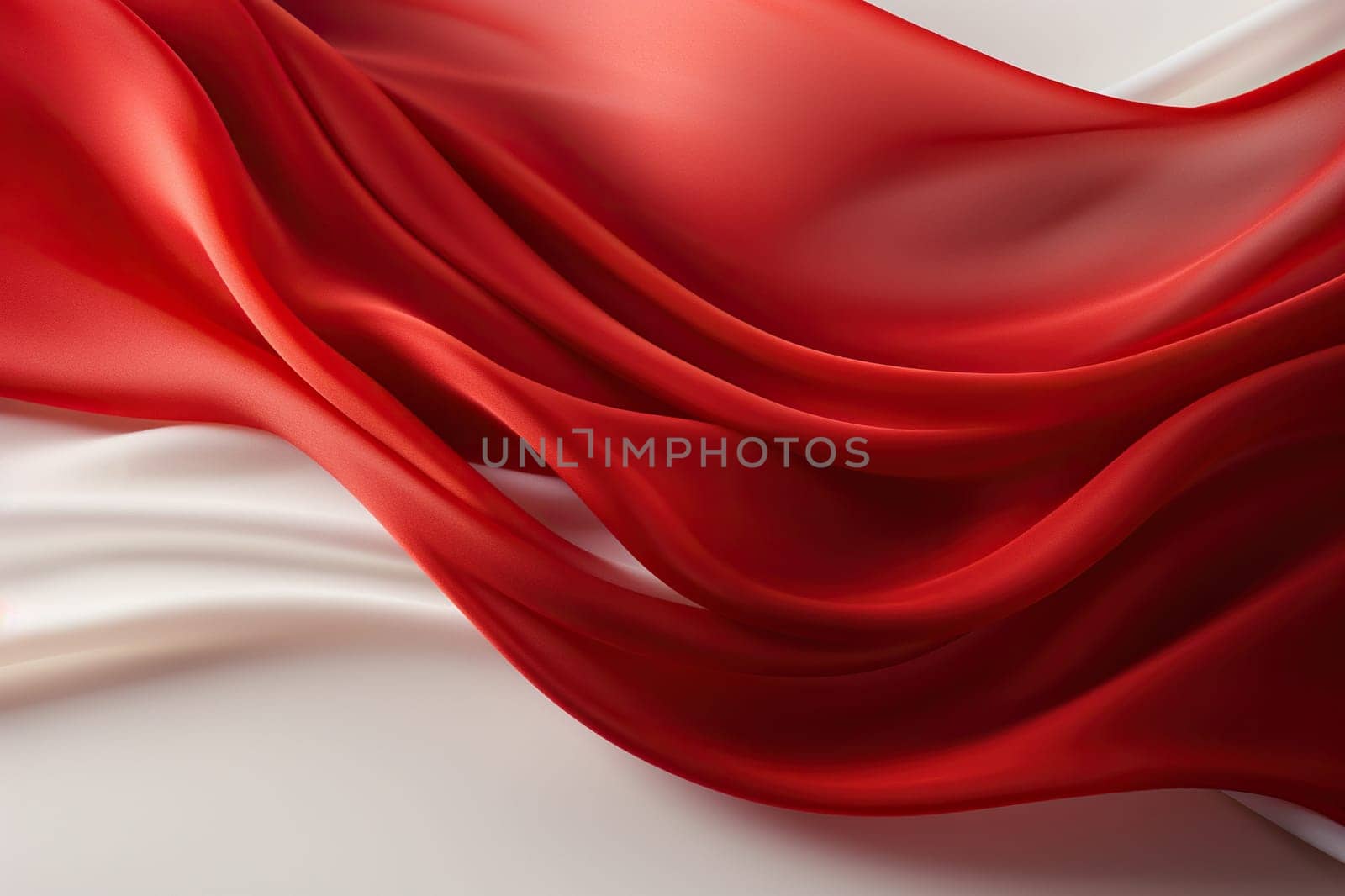 Red and white silk ribbons in an elegant curve. Abstract background. Generated by artificial intelligence by Vovmar