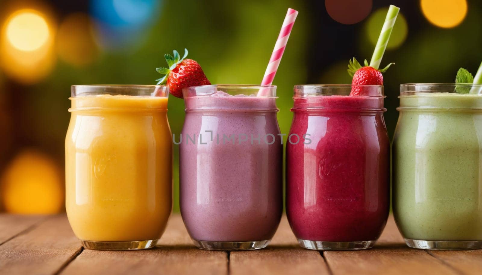 A vibrant collection of different flavored fruit smoothies garnished with fresh mint leaves. Each glass showcases a rich and appetizing color representing the fresh ingredients blended to perfection. Ideal for a healthy and refreshing treat.