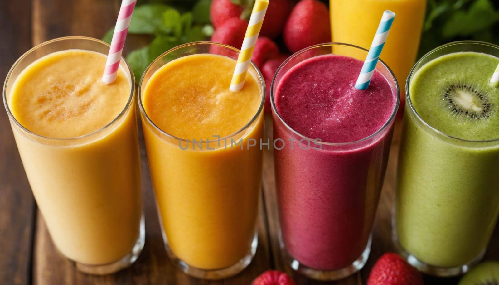 A vibrant collection of different flavored fruit smoothies garnished with fresh mint leaves. Each glass showcases a rich and appetizing color representing the fresh ingredients blended to perfection. Ideal for a healthy and refreshing treat.