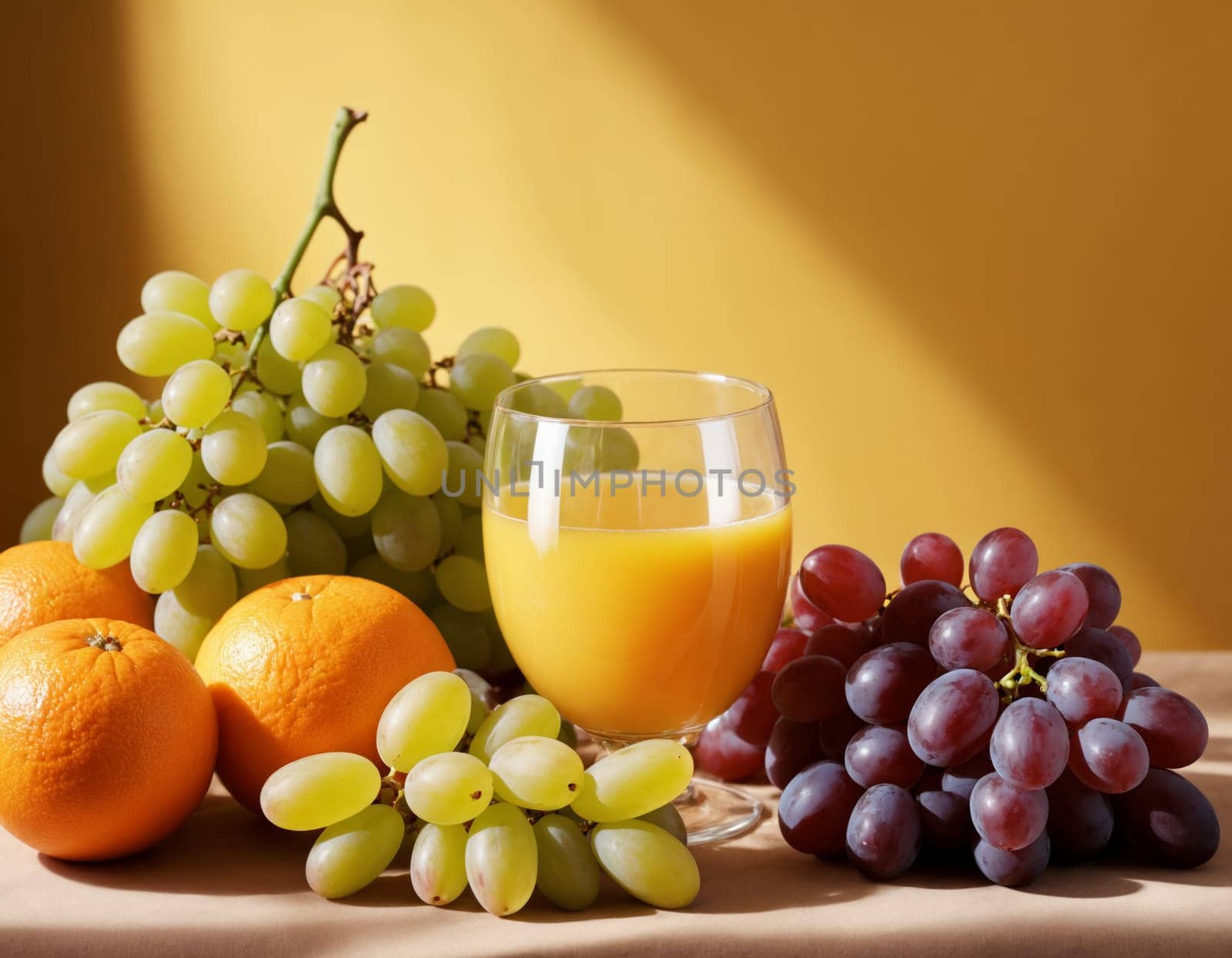 The image displays a delicious and refreshing beverage of freshly squeezed orange juice, served in a clear glass. The juice is accompanied by a basket of fresh fruits, including grapes and oranges, both whole and sliced.