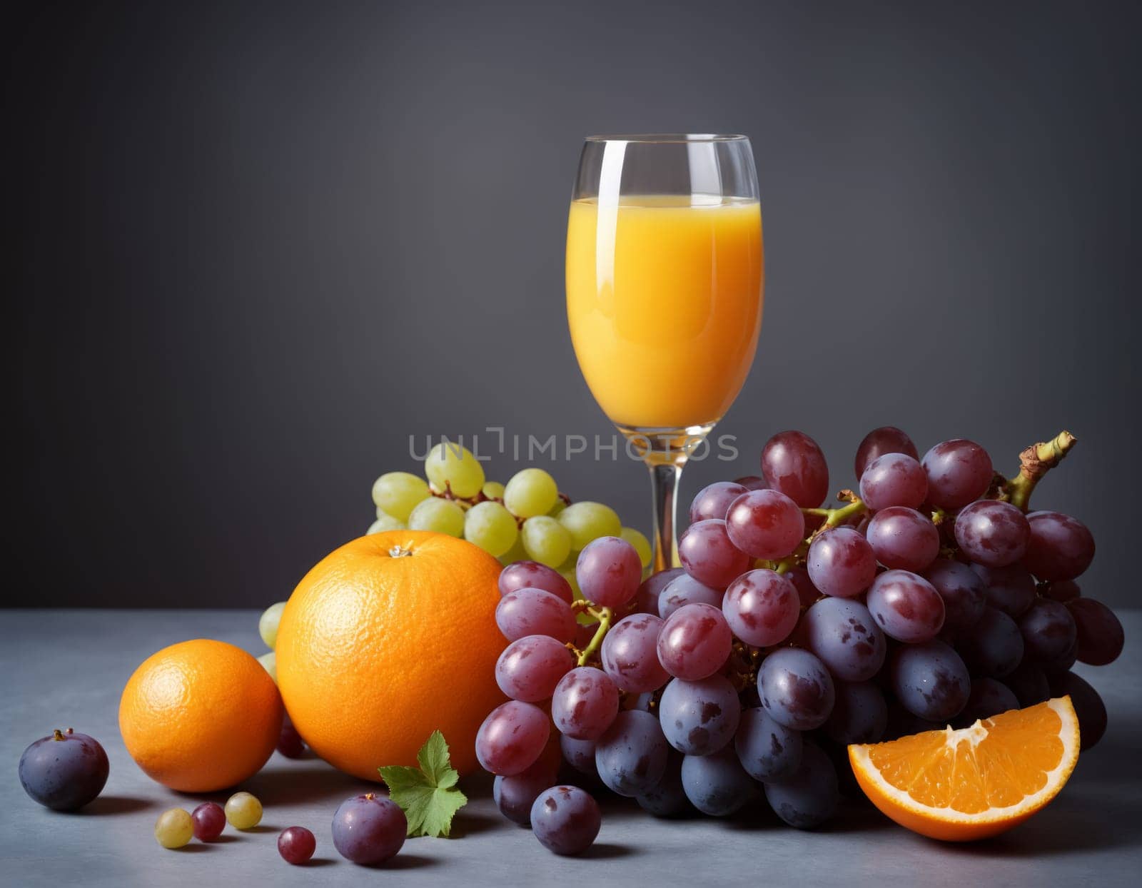 The image displays a delicious and refreshing beverage of freshly squeezed orange juice, served in a clear glass. The juice is accompanied by a basket of fresh fruits, including grapes and oranges, both whole and sliced.