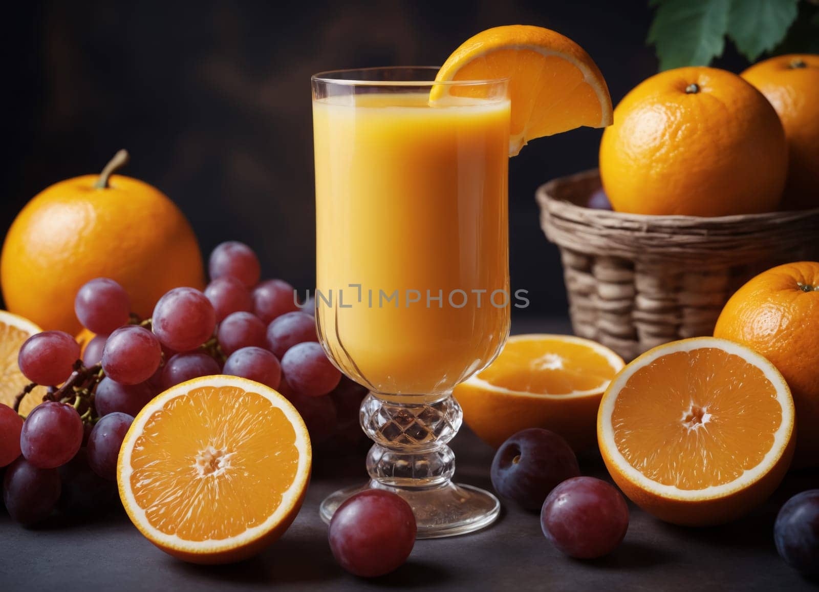 The image displays a delicious and refreshing beverage of freshly squeezed orange juice, served in a clear glass. The juice is accompanied by a basket of fresh fruits, including grapes and oranges, both whole and sliced.