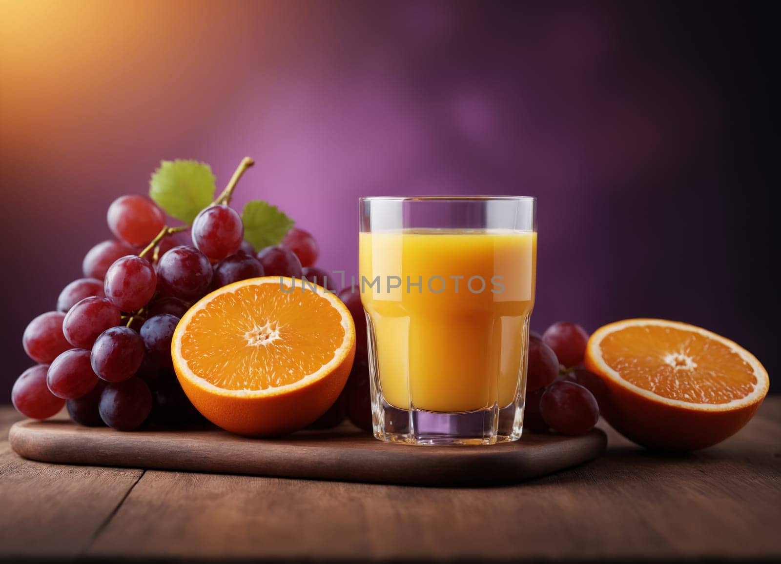 The image displays a delicious and refreshing beverage of freshly squeezed orange juice, served in a clear glass. The juice is accompanied by a basket of fresh fruits, including grapes and oranges, both whole and sliced.