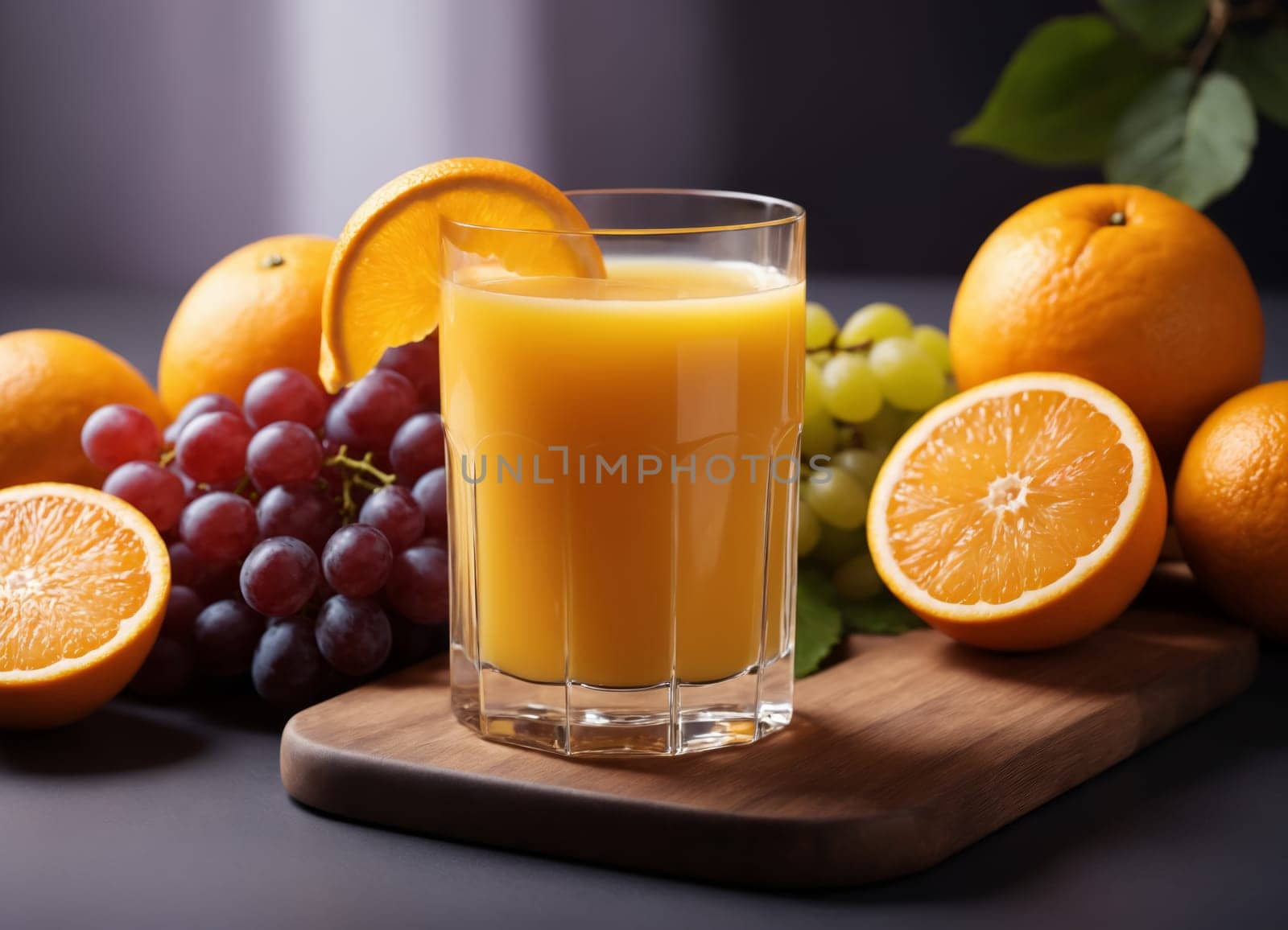 The image displays a delicious and refreshing beverage of freshly squeezed orange juice, served in a clear glass. The juice is accompanied by a basket of fresh fruits, including grapes and oranges, both whole and sliced.