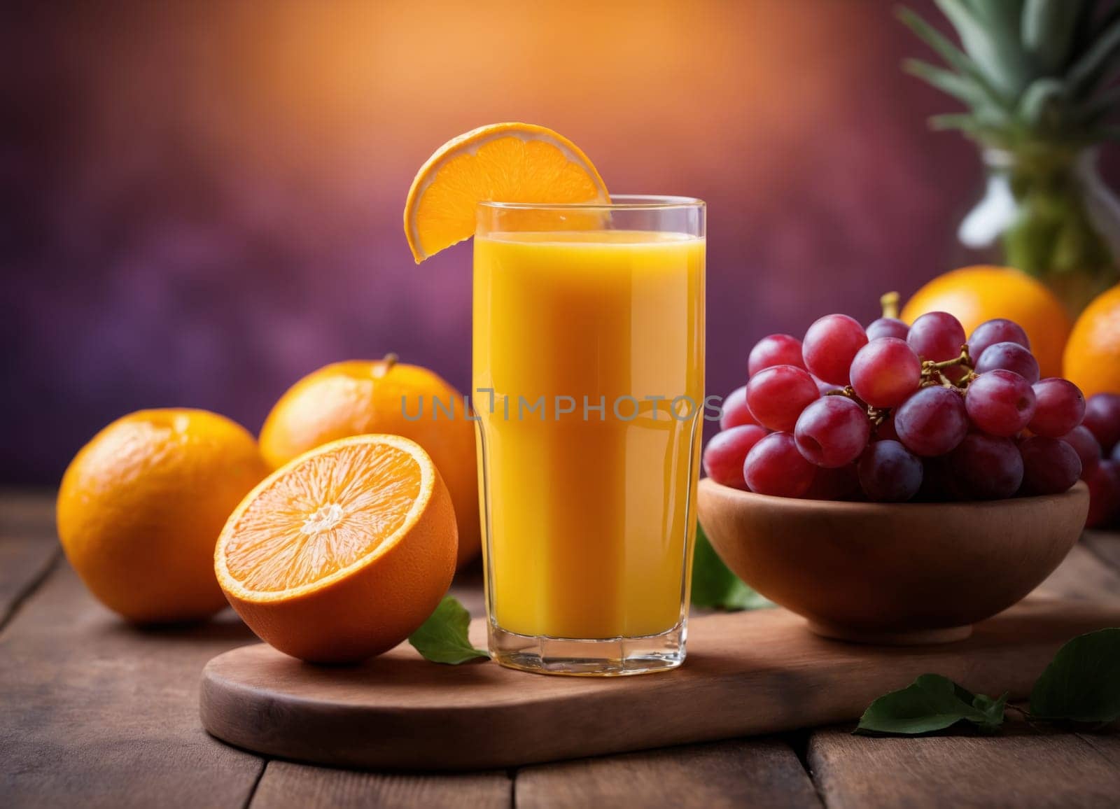 The image displays a delicious and refreshing beverage of freshly squeezed orange juice, served in a clear glass. The juice is accompanied by a basket of fresh fruits, including grapes and oranges, both whole and sliced.