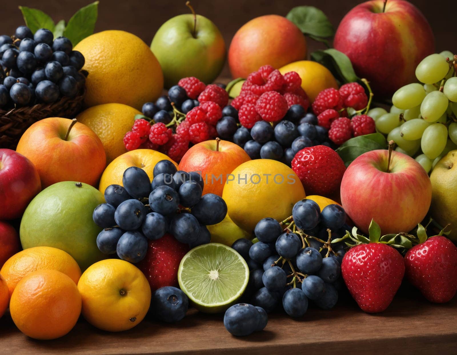 A sparkling basket filled with a variety of fresh fruits including apples, oranges and grapes. The vibrant colors are highlighted by natural sunlight filtering through the lush green backdrop. healthy lifestyle theme