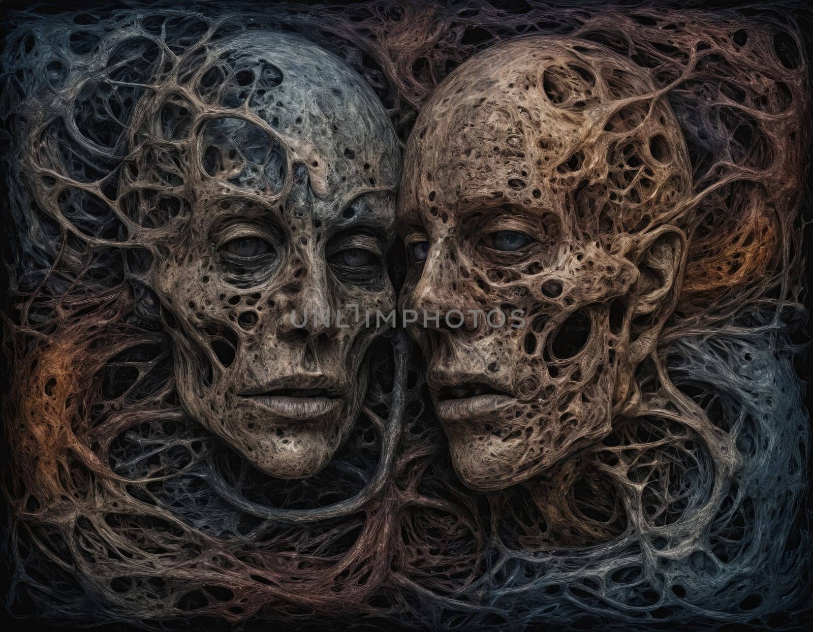 Two skulls enveloped in a dance of ethereal threads symbolizing an eternal connection. The artwork exudes a haunting yet beautiful aura. Ideal for themes of love beyond life and mystical energies.