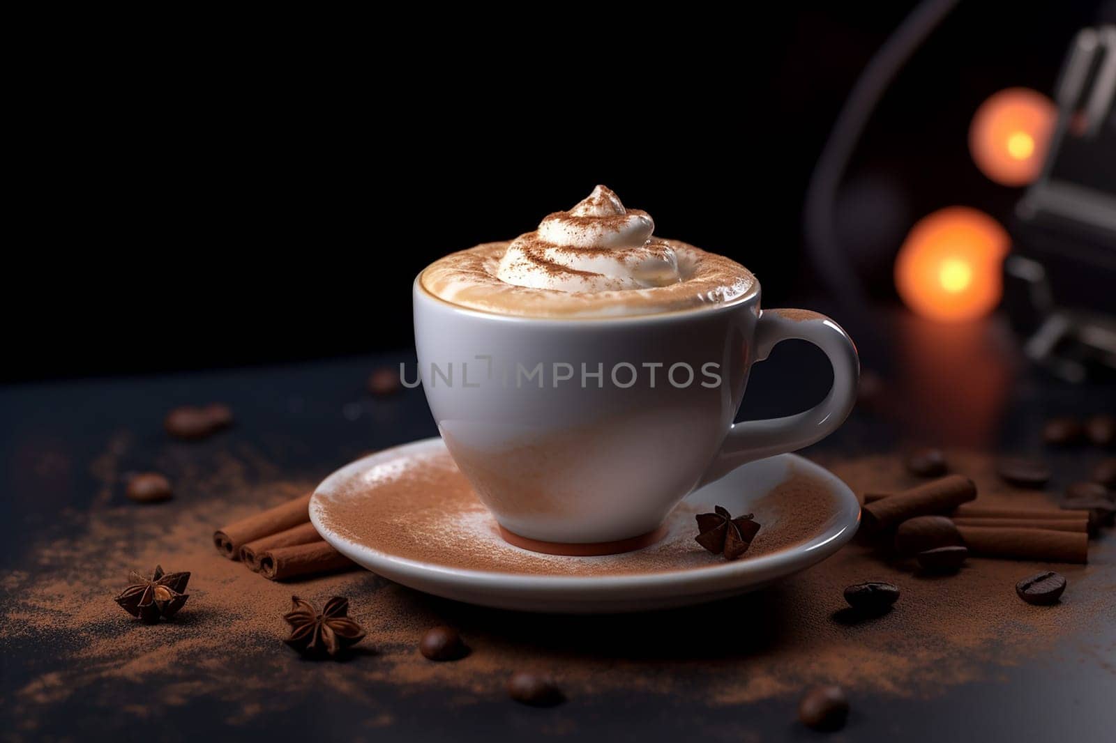 Cream-topped coffee in a white cup with scattered spices on a dark background.