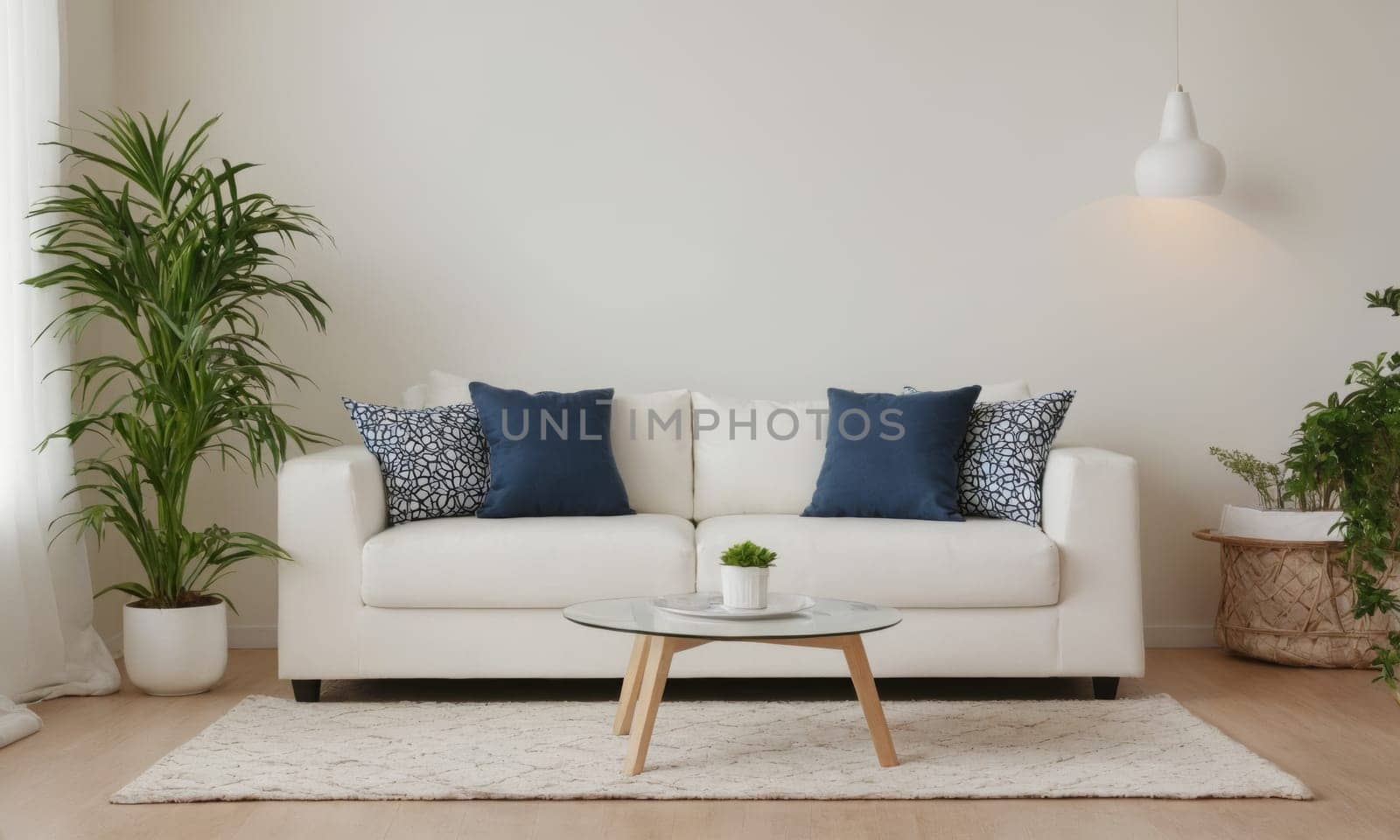 A pristine white sofa adorned with plush cushions sits gracefully in a well-lit living room. Surrounded by luscious indoor plants and resting on a textured rug - it epitomizes modern comfort and style. Ideal for showcasing the allure of minimalist interior designs.