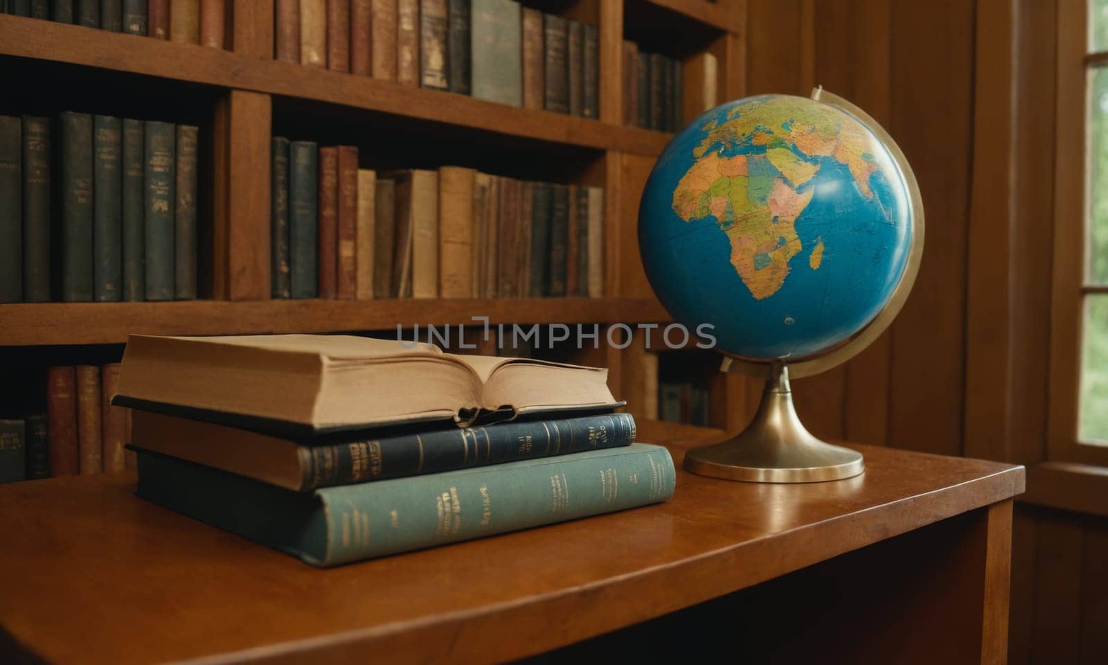 A serene setting featuring a collection of vintage books and a colorful globe. The image evokes a sense of quiet contemplation and the pursuit of knowledge. Ideal for themes related to reading and education.