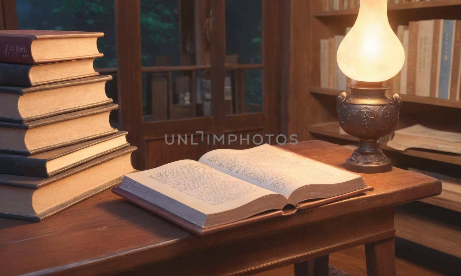 A serene setting featuring a stack of classic literature and an open book illuminated by the warm glow of a vintage lamp. A pair of reading glasses rests atop the pile. The scene evokes a quiet and cozy atmosphere for an evening of reading.