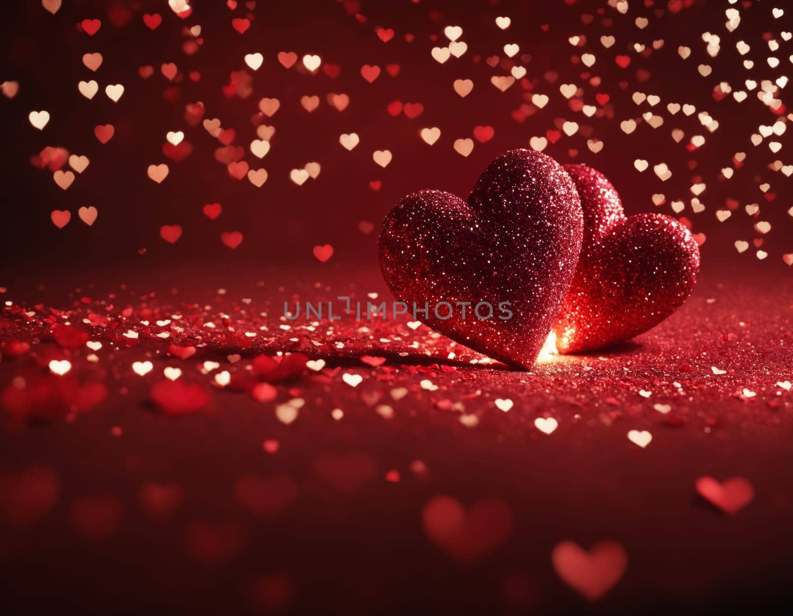 Glistening hearts rest amidst a shower of smaller heart shapes. The radiant glow and the deep red hue evoke a sense of warmth and affection. Ideal for expressing love and romance.