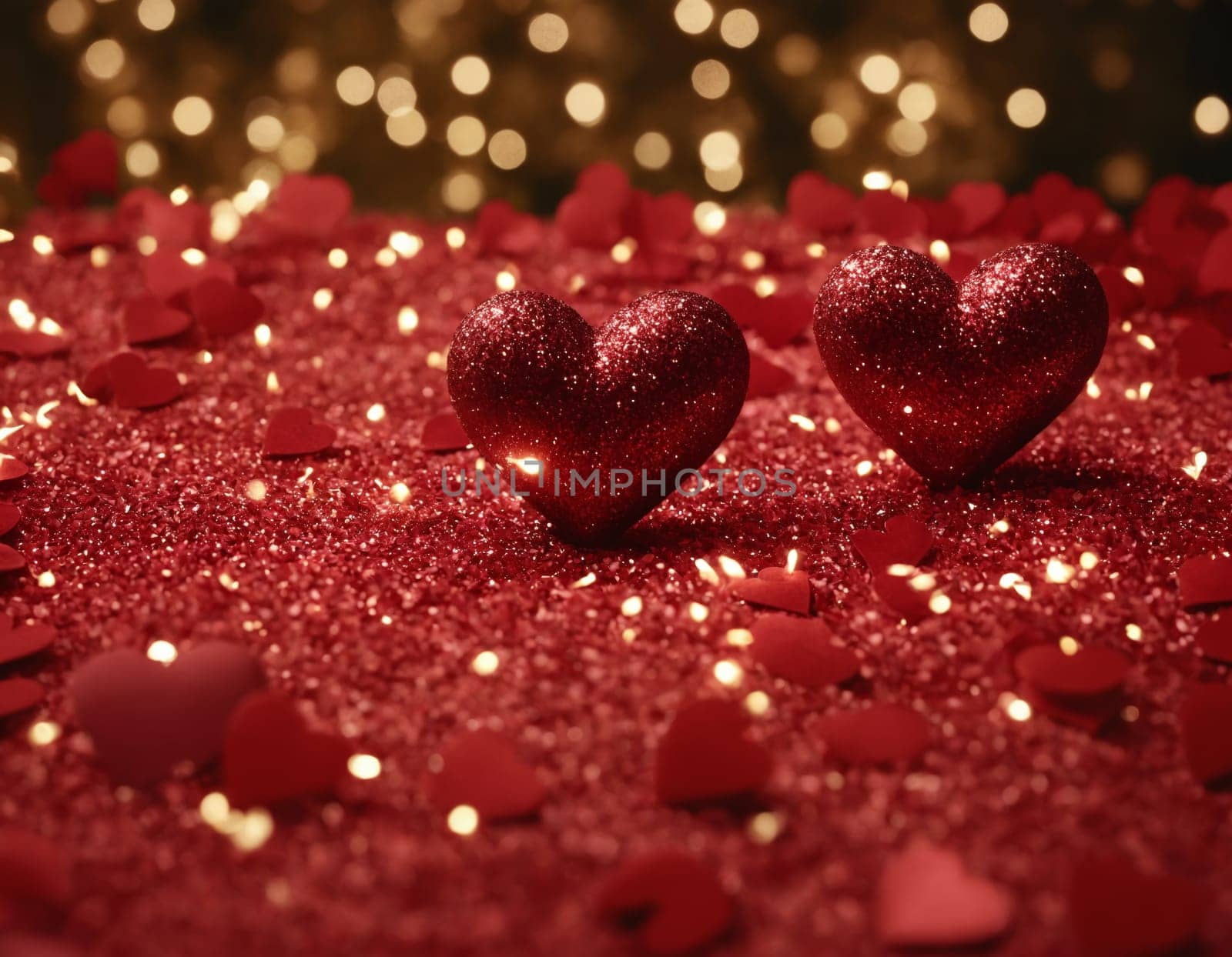 Sparkling hearts on a red background. heart shaped bokeh by Andre1ns