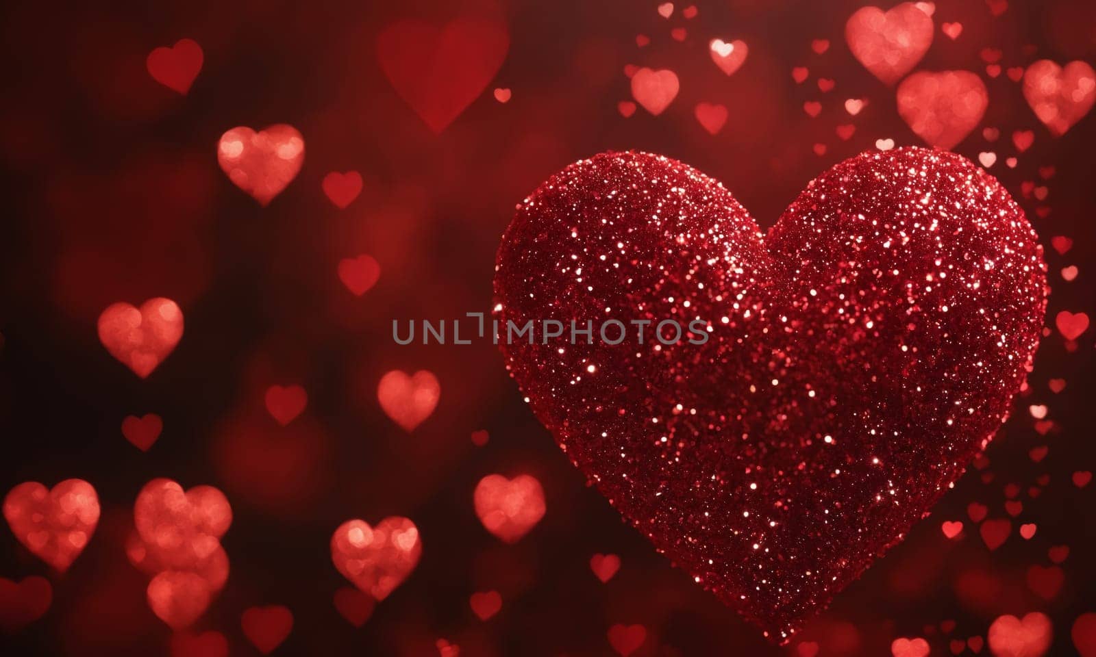 Glistening hearts rest amidst a shower of smaller heart shapes. The radiant glow and the deep red hue evoke a sense of warmth and affection. Ideal for expressing love and romance.
