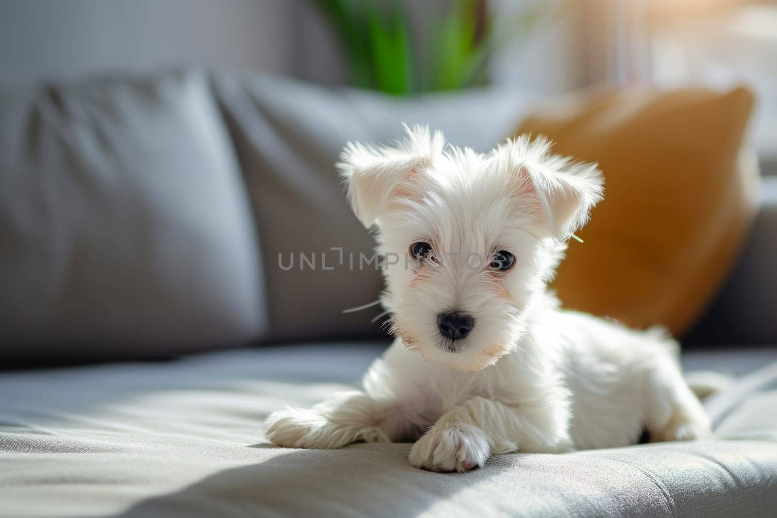 A small white dog lies comfortably on top of a couch, enjoying a moment of relaxation.