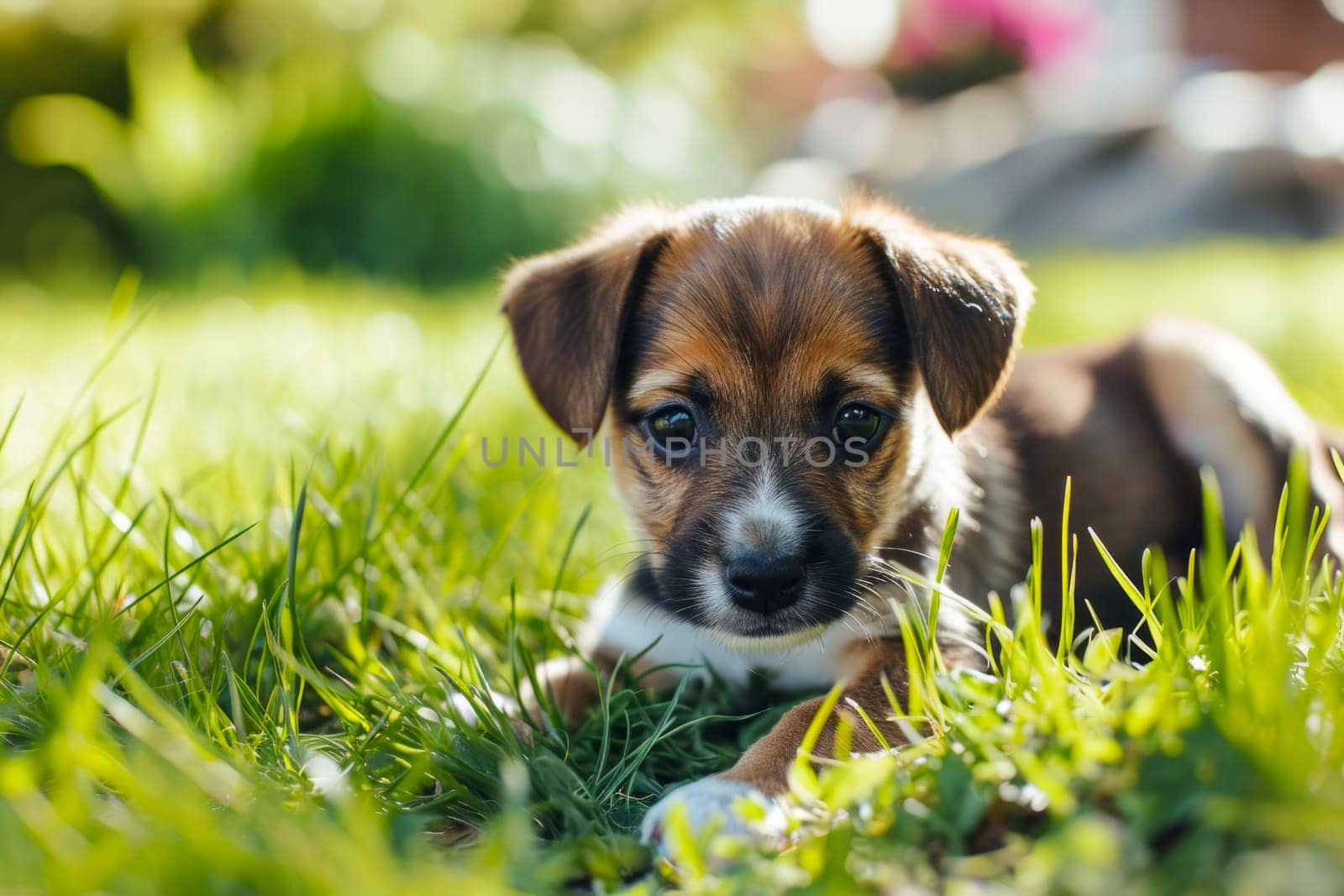A small brown and white dog relaxes in the grass, enjoying the sunny day.