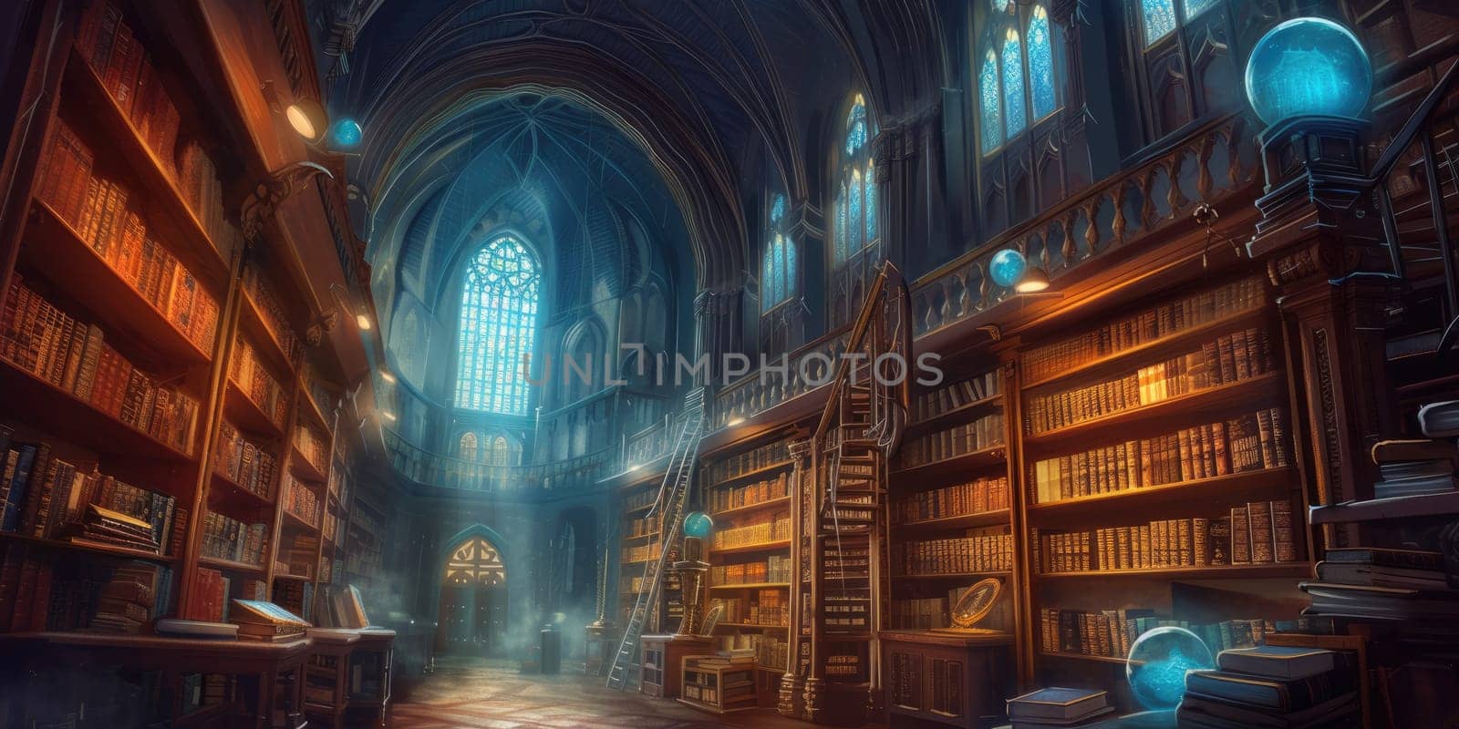 An ancient library filled with magical books, glowing orbs. Resplendent. by biancoblue