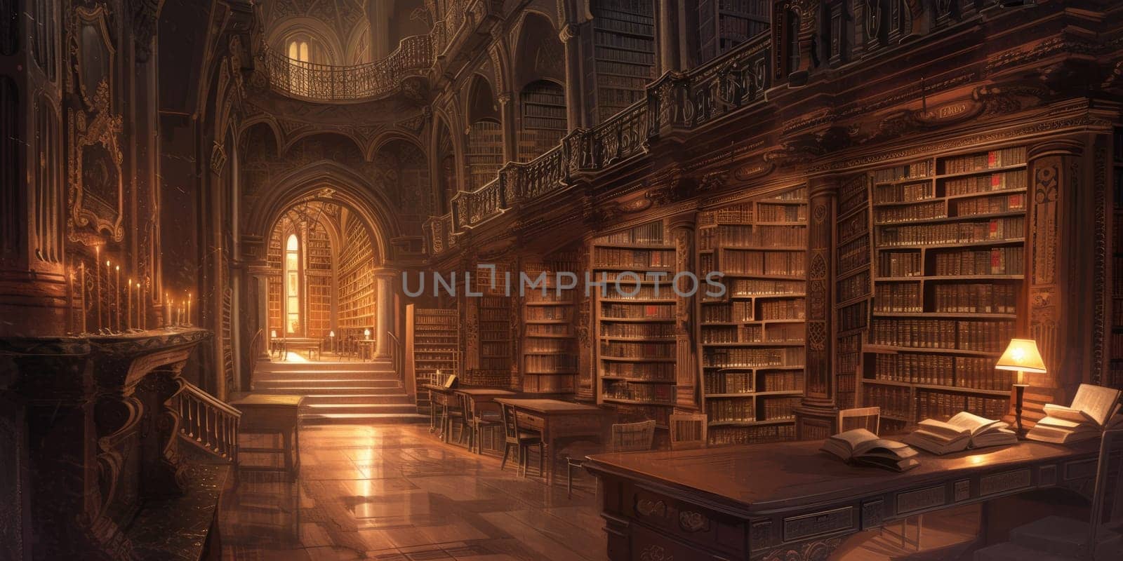 An ancient library with towering bookshelves, hidden alcoves, and magical glowing manuscripts. Resplendent.